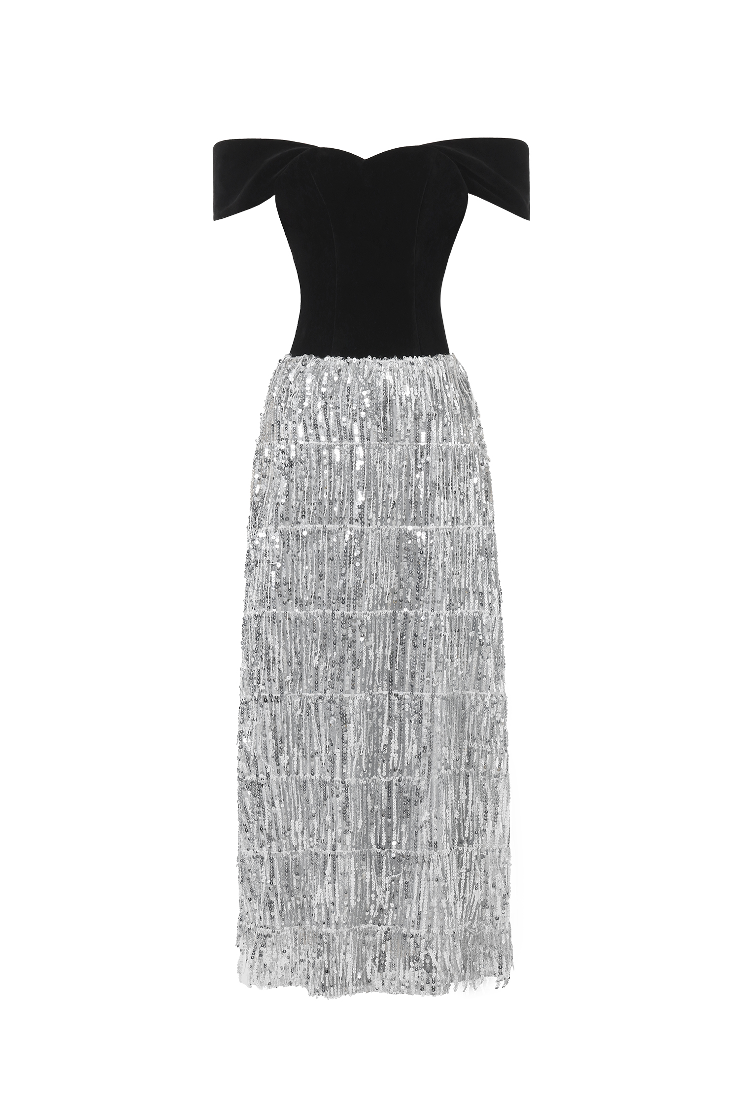 Merrit Glamorous Contour Off Shoulder Fringe Velvet Maxi Dress