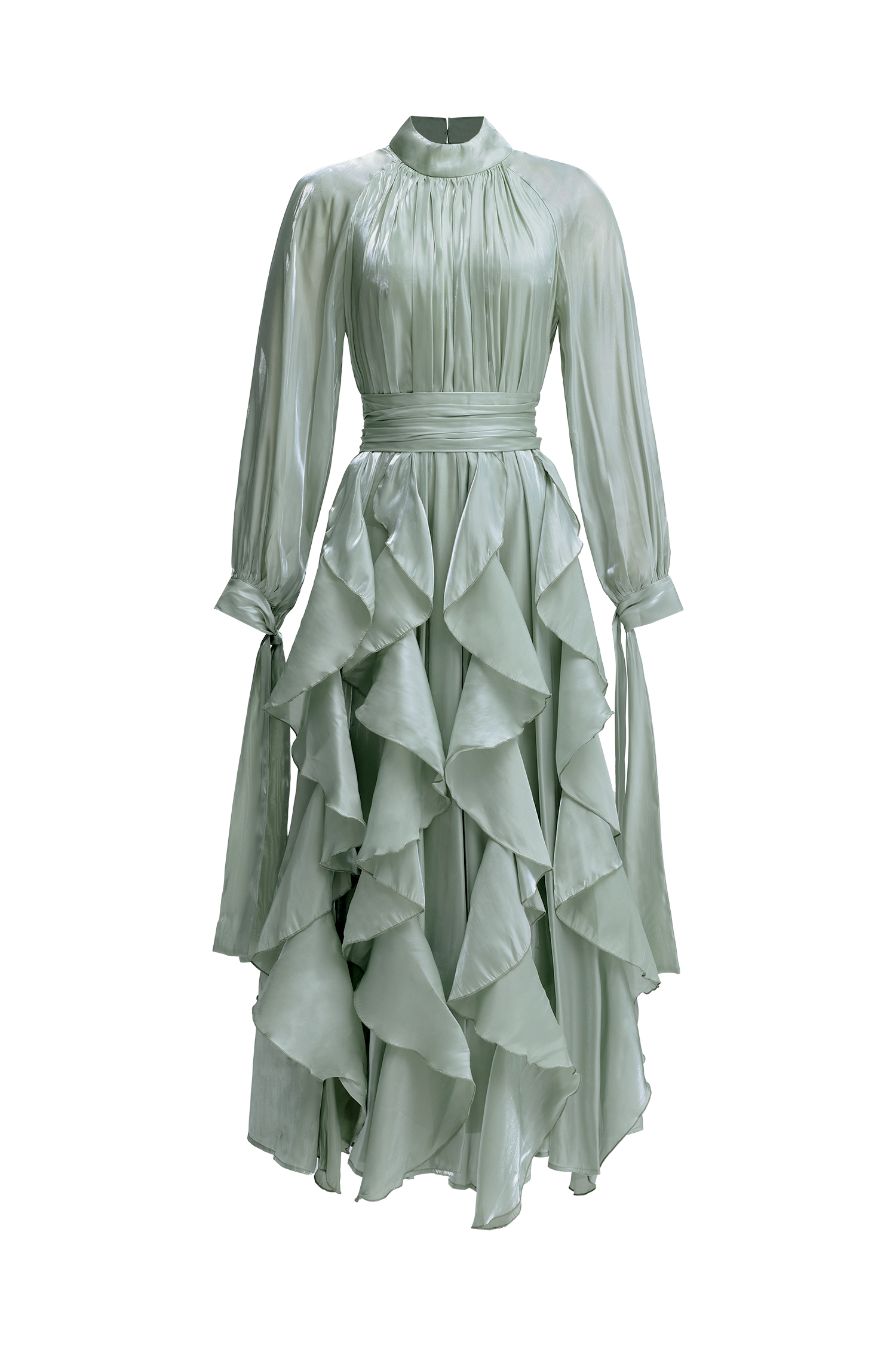 Grasa Elegant Flowy Long Sleeve Pleated Ruffle Maxi Dress