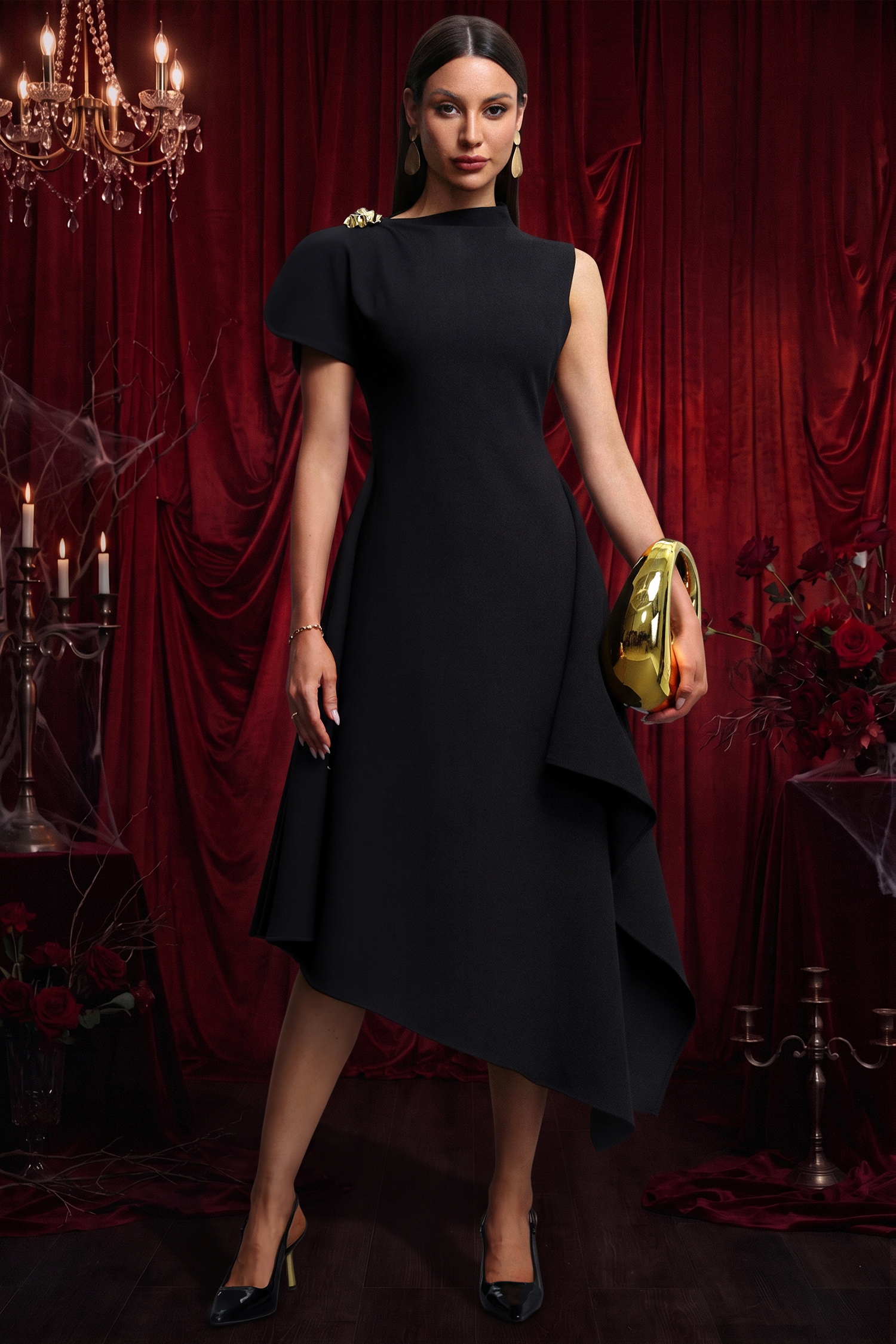 Weren Elegant Contour High Neck Asymmetric Black Maxi Dress