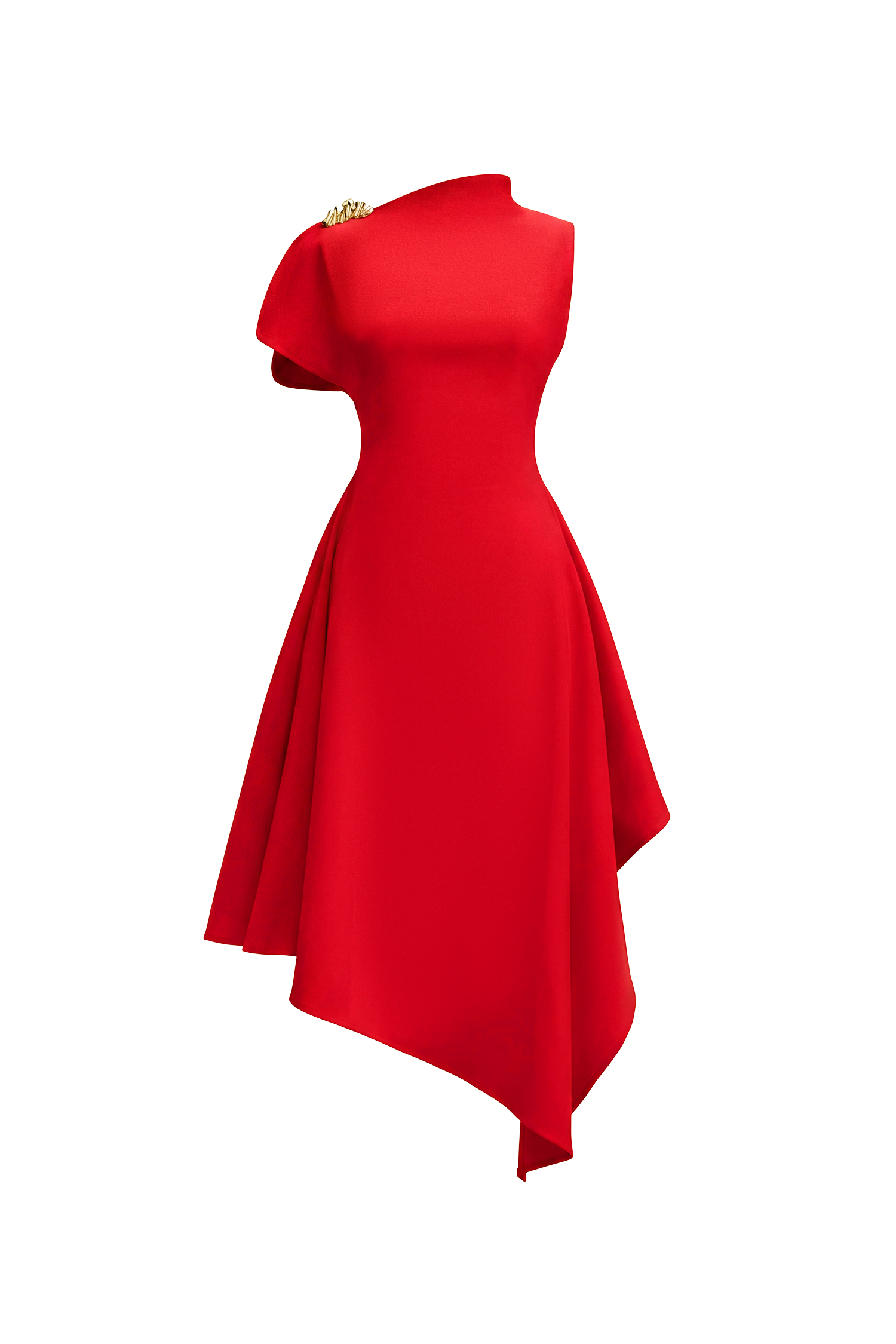Weren Elegant Contour High Neck Asymmetric Red Maxi Dress