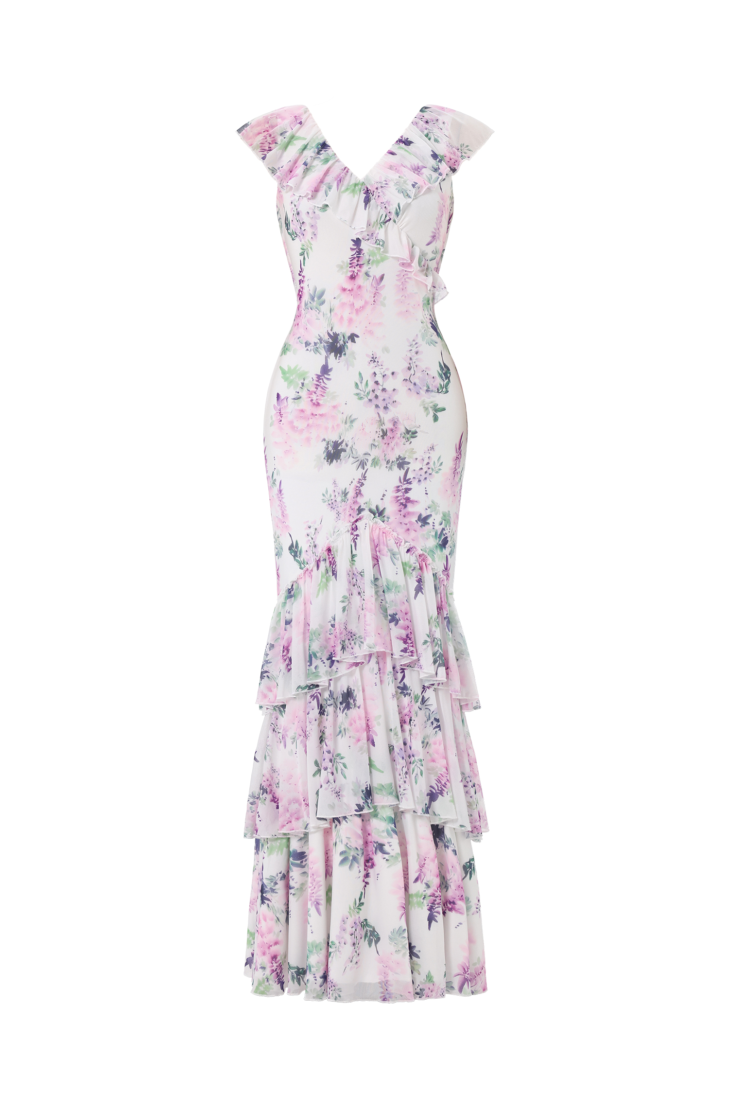 Lafesa Romantic Flowy V Neck Sleeveless Ruffle Floral Print Maxi Dress