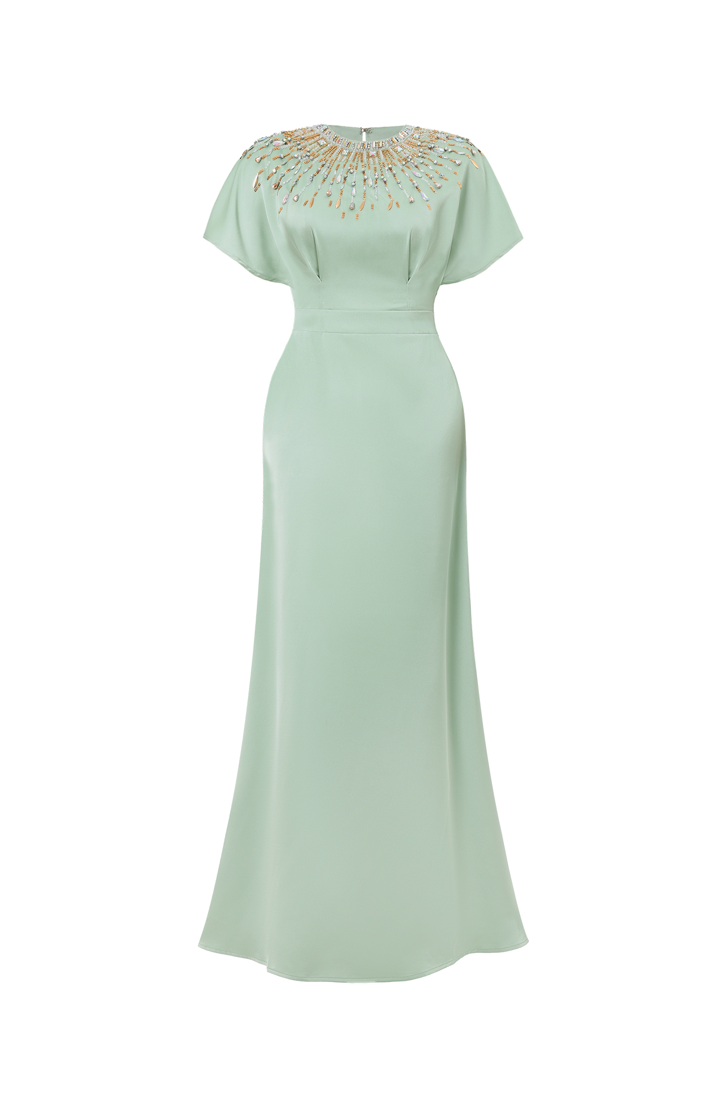 Lacey Elegant Tailored Short Sleeve Crystal Embellished Satin Maxi Dress