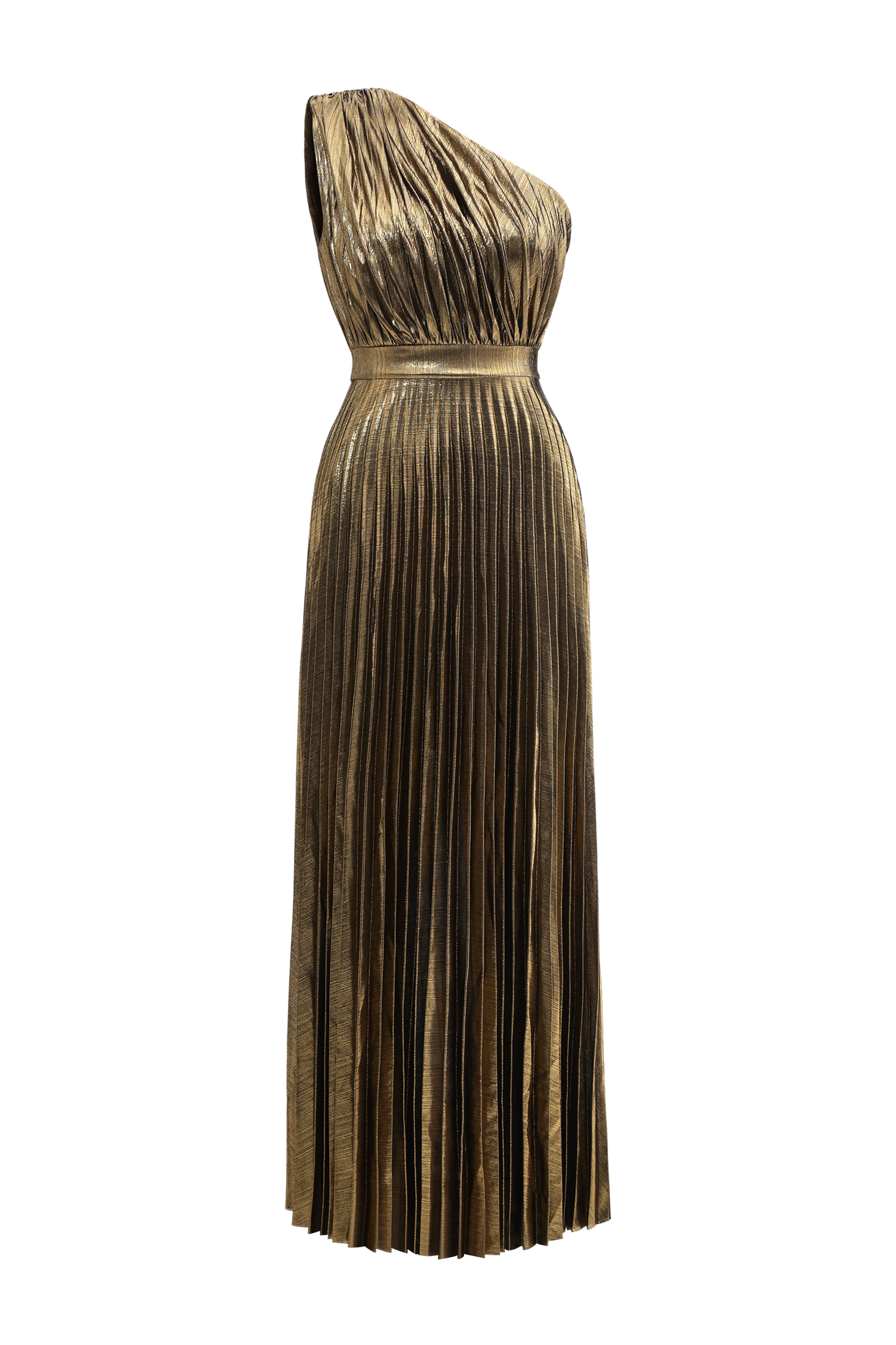 Yuni Glamorous Contour One Shoulder Pleated Metallic Maxi Dress