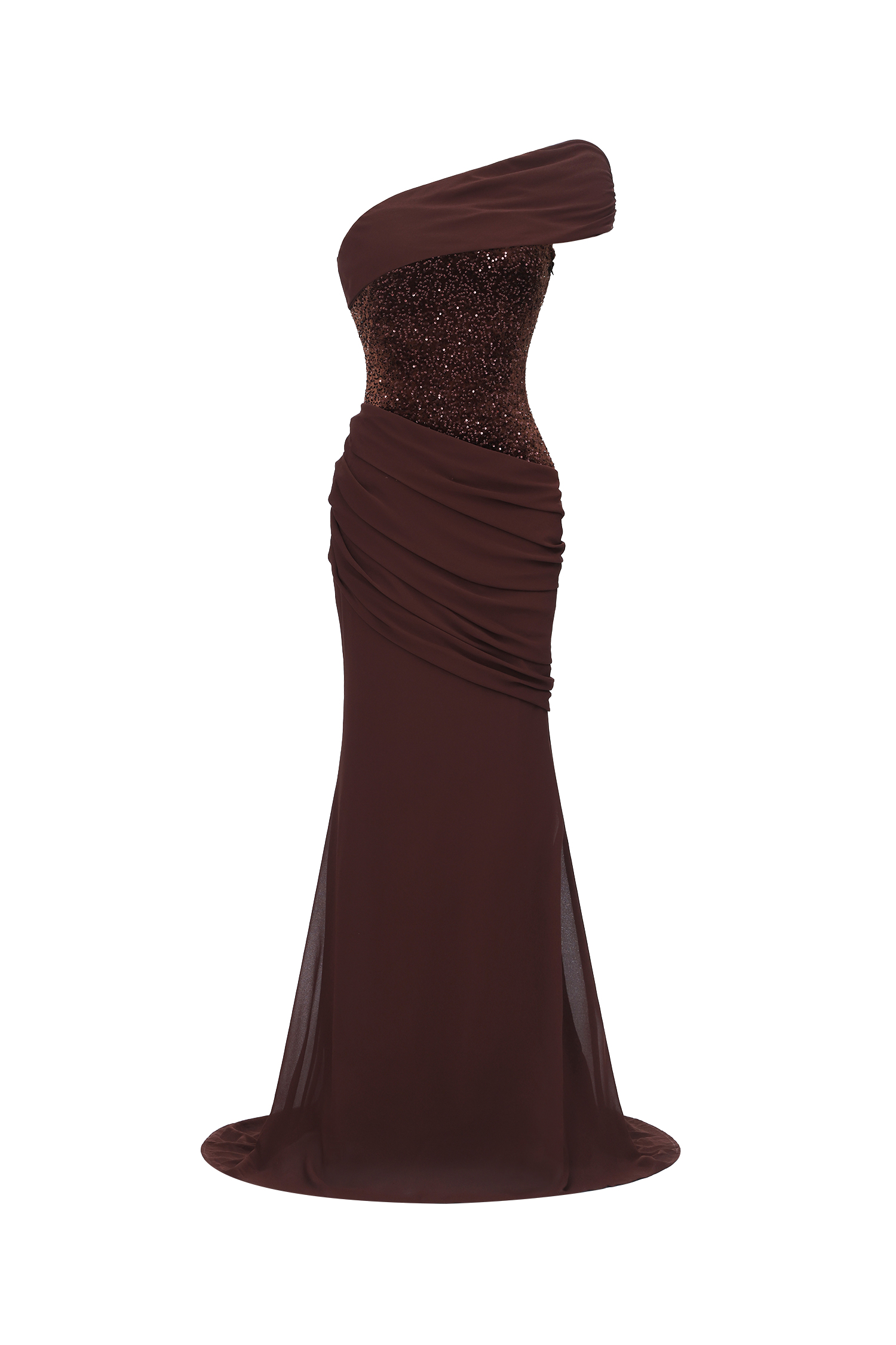 Naleza Chic Contour Off Shoulder Asymmetric Ruched Sequin Maxi Dress
