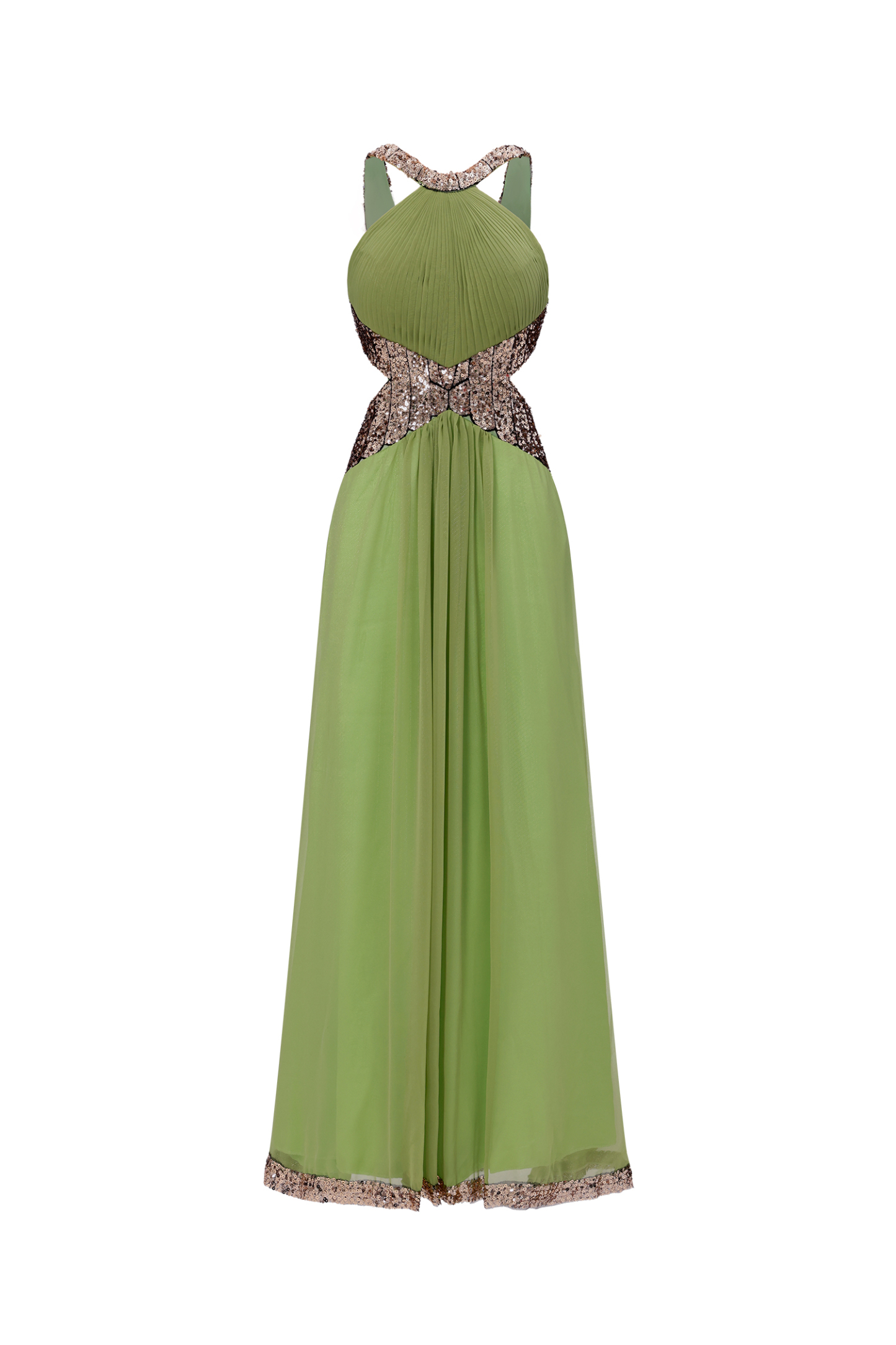 Melisa Chic Flowy Halter Pleated Cut Out Sequin Maxi Dress