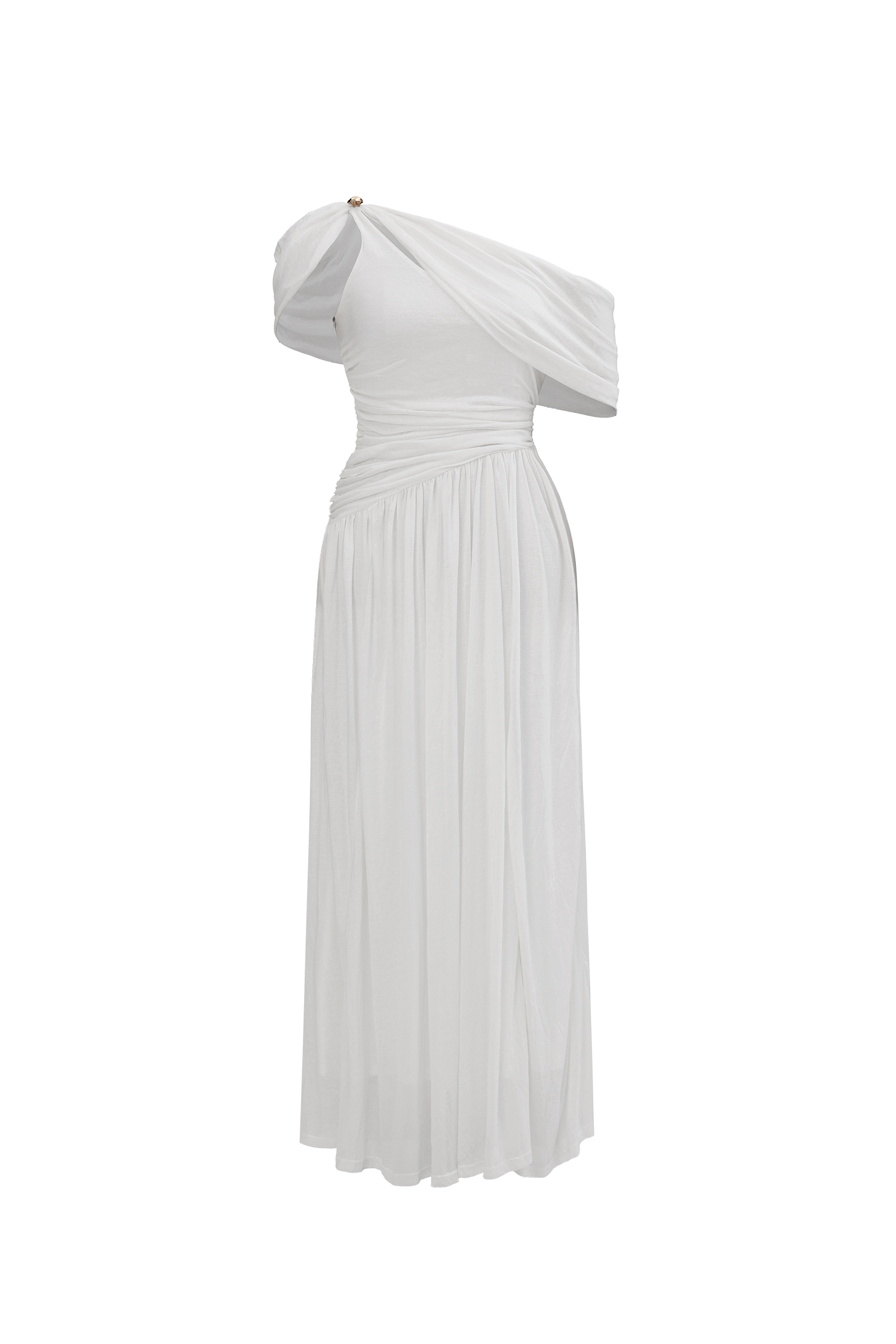 Salina Elegant Contour Sleeveless Asymmetric Cut Out Ruched White Knit Maxi Dress
