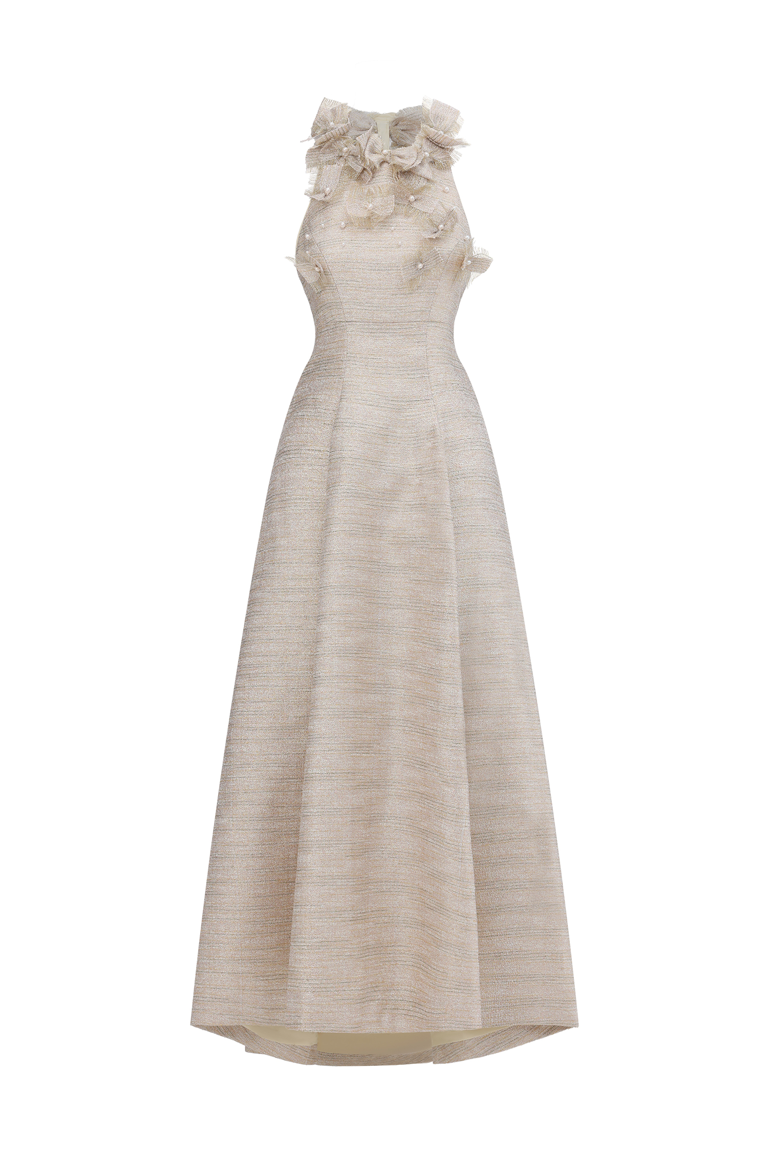 Ksenia Elegant Tailored Halter Floral Appliqué Pearl Maxi Dress