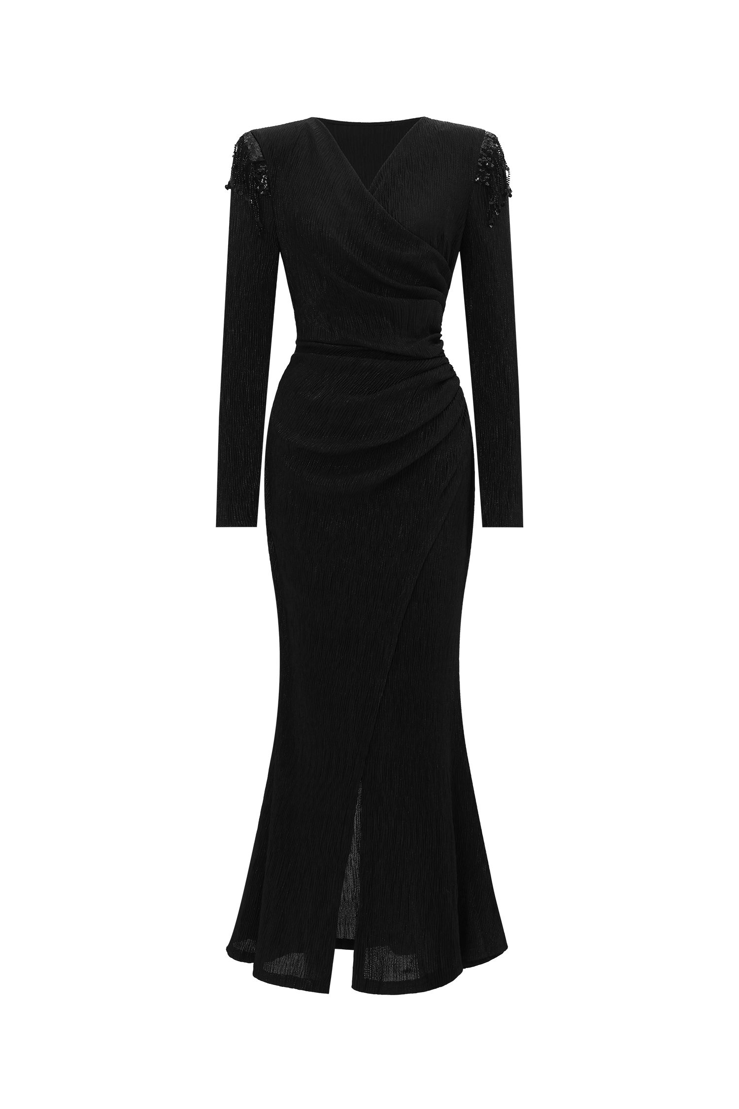 Rayna Chic Contour V Neck Long Sleeve Ruched Beaded Fringe Maxi Dress
