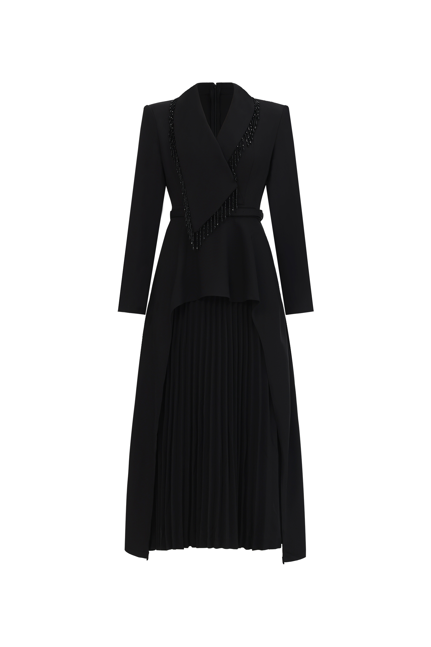 Edwina Elegant Tailored Long Sleeve Asymmetric Beaded Fringe Pleated Maxi Dress