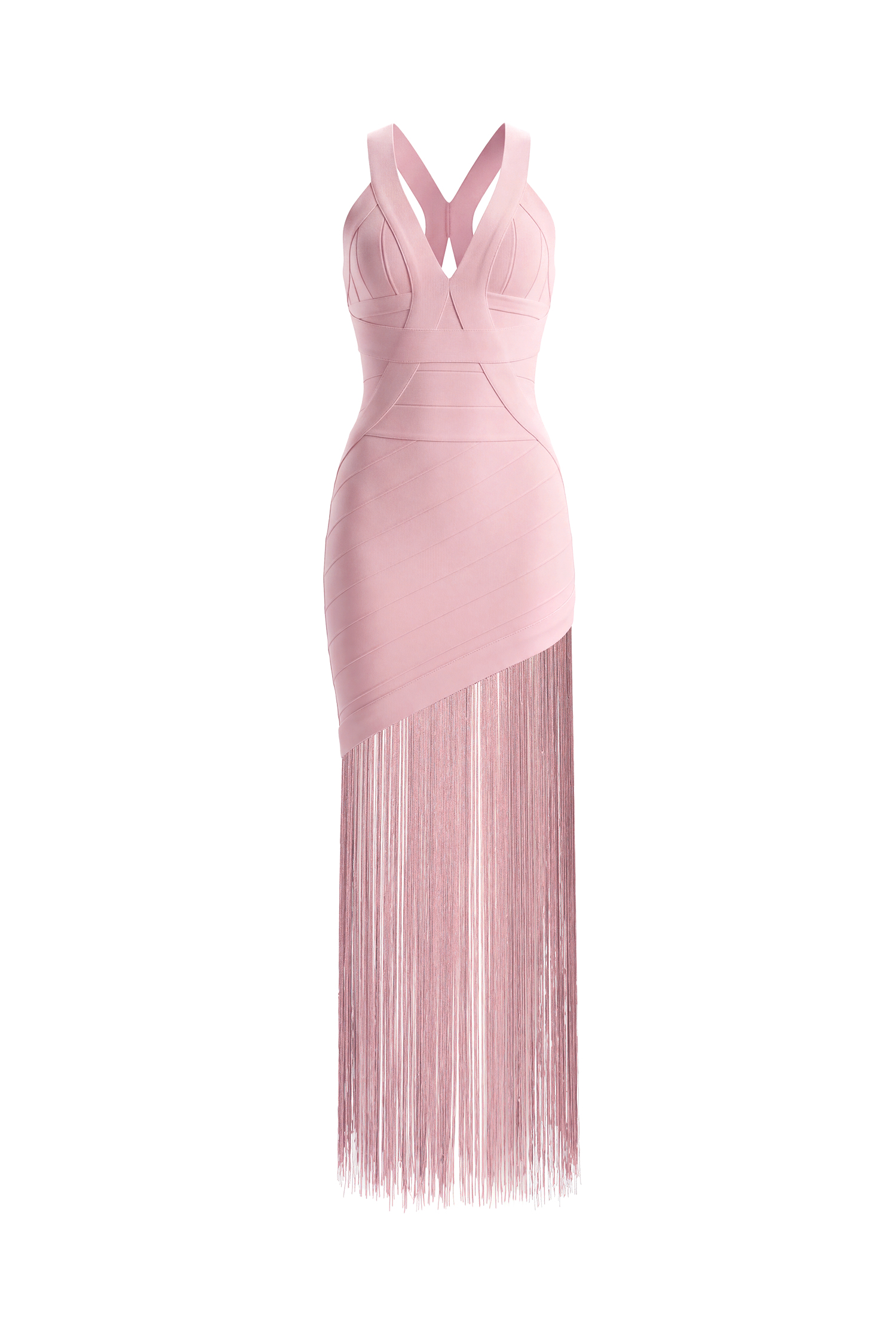 Emma Chic Contour V Neck Sleeveless Fringe Pink Bandage Maxi Dress