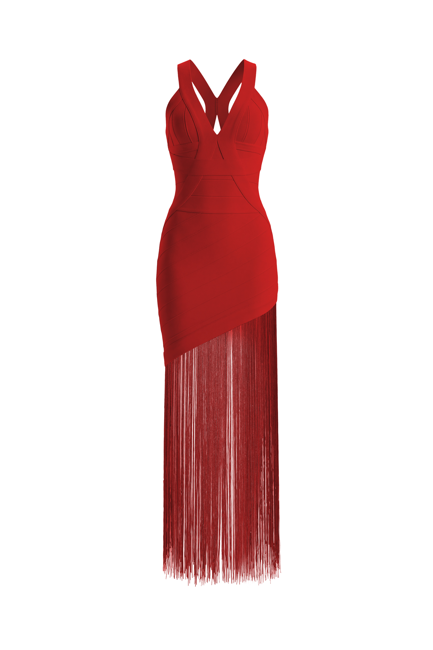 Emma Chic Contour V Neck Sleeveless Fringe Red Bandage Maxi Dress