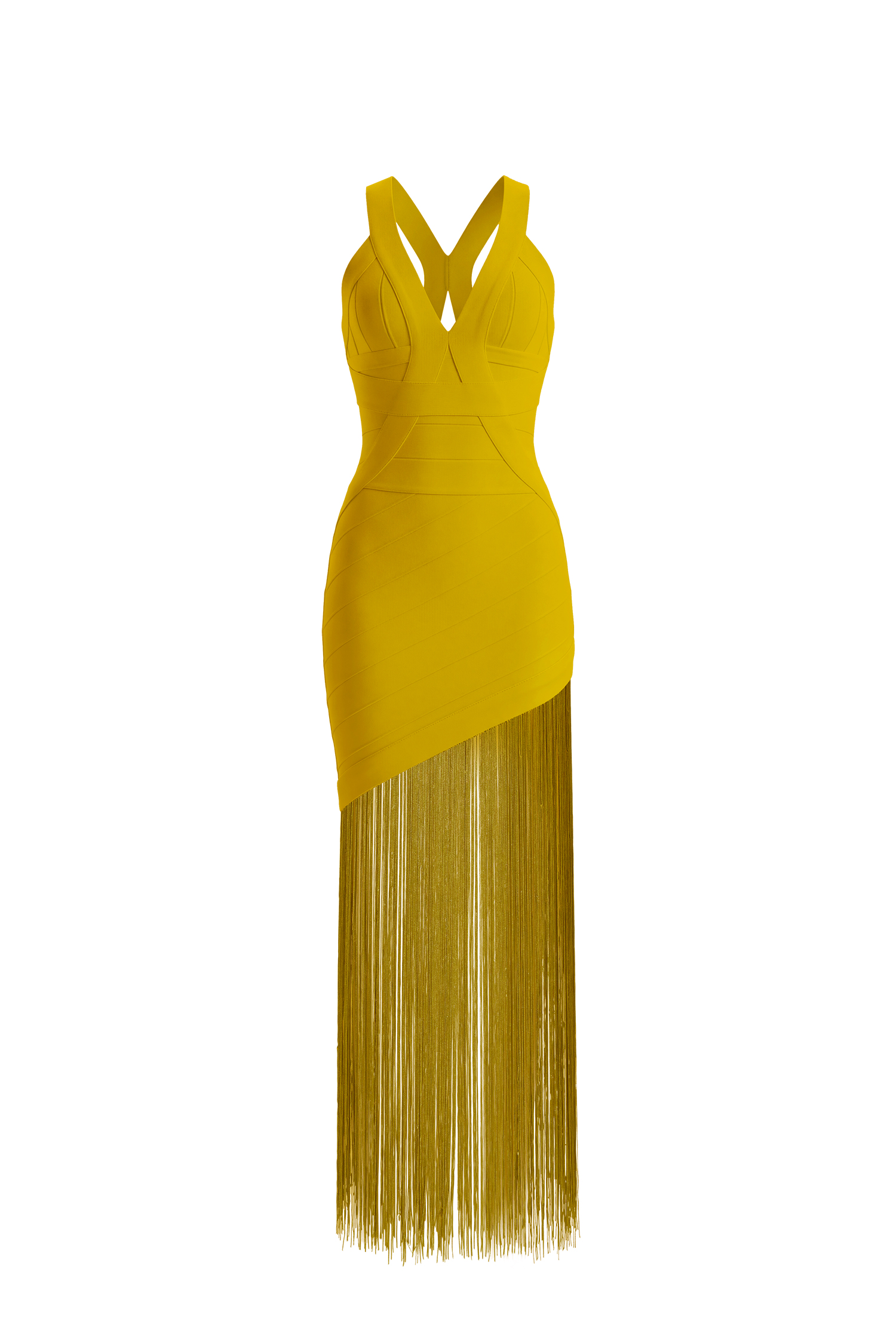 Emma Chic Contour V Neck Sleeveless Fringe Yellow Bandage Maxi Dress