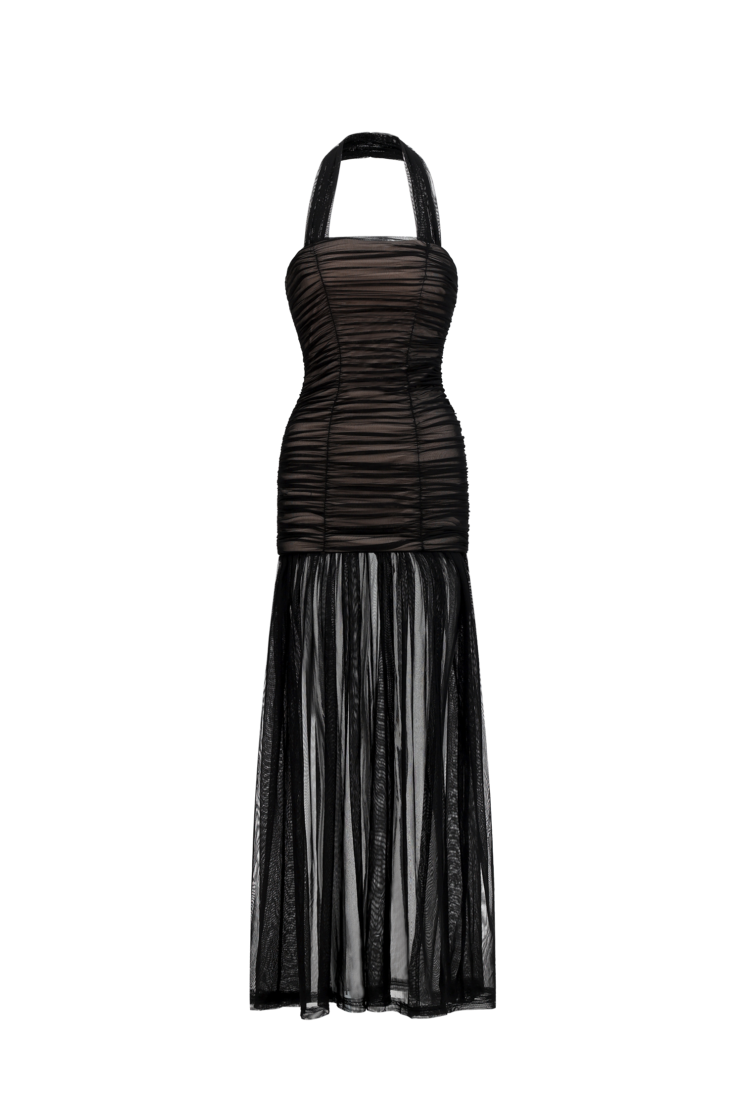Izara Chic Contour Halter Ruched Tulle Maxi Dress