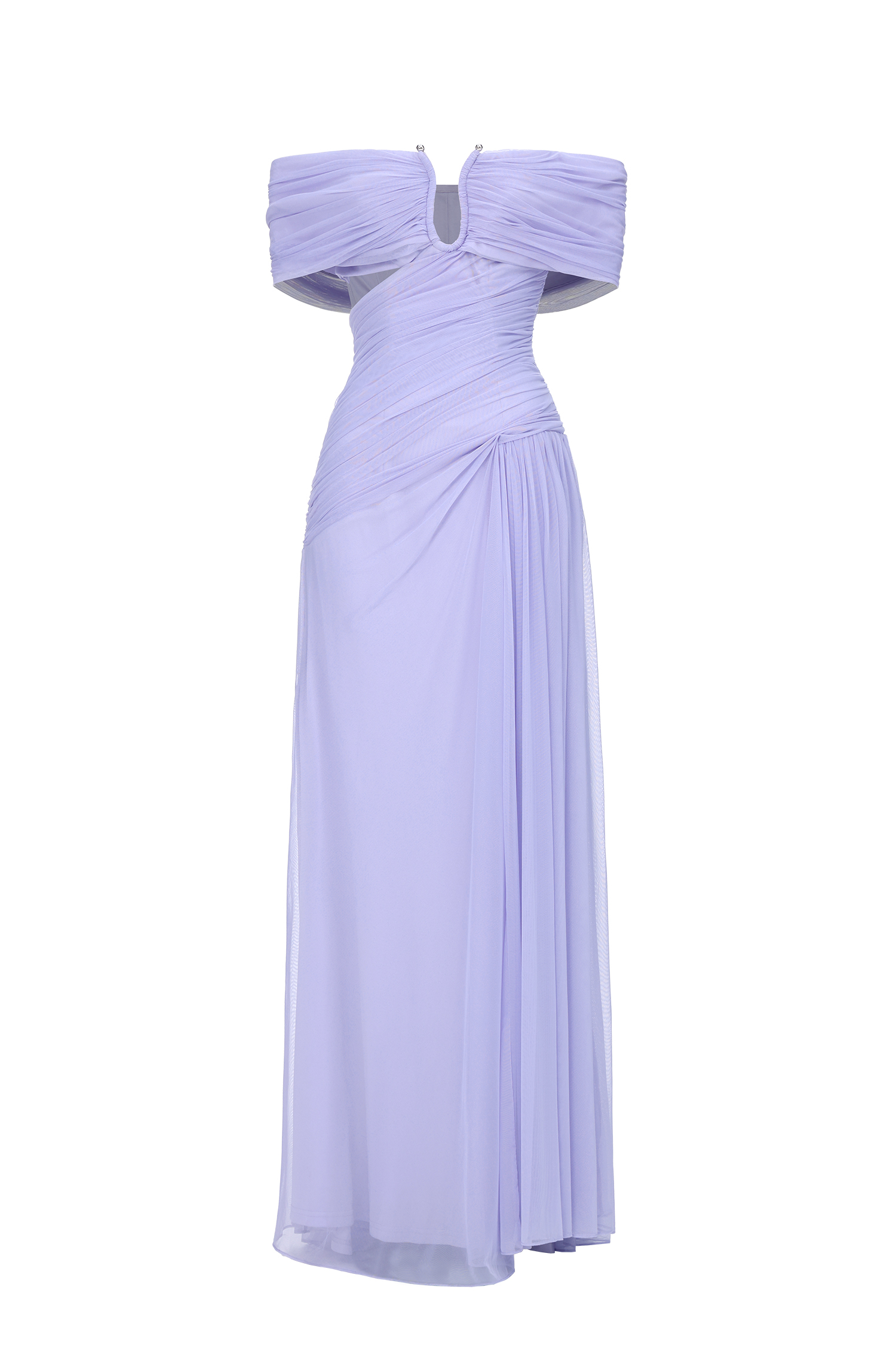 Vikare Romantic Contour Off Shoulder Deep V Cut Out Pleated Mesh Maxi Dress