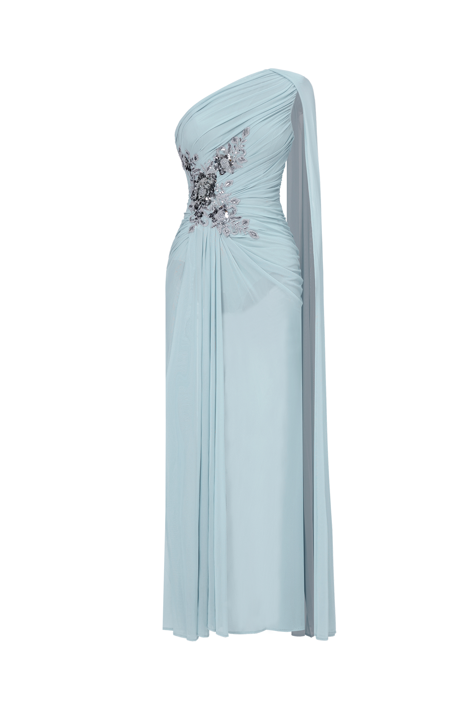 Kaylee Elegant Flowy One Shoulder Sequin Embroidered Ruched Mesh Maxi Dress