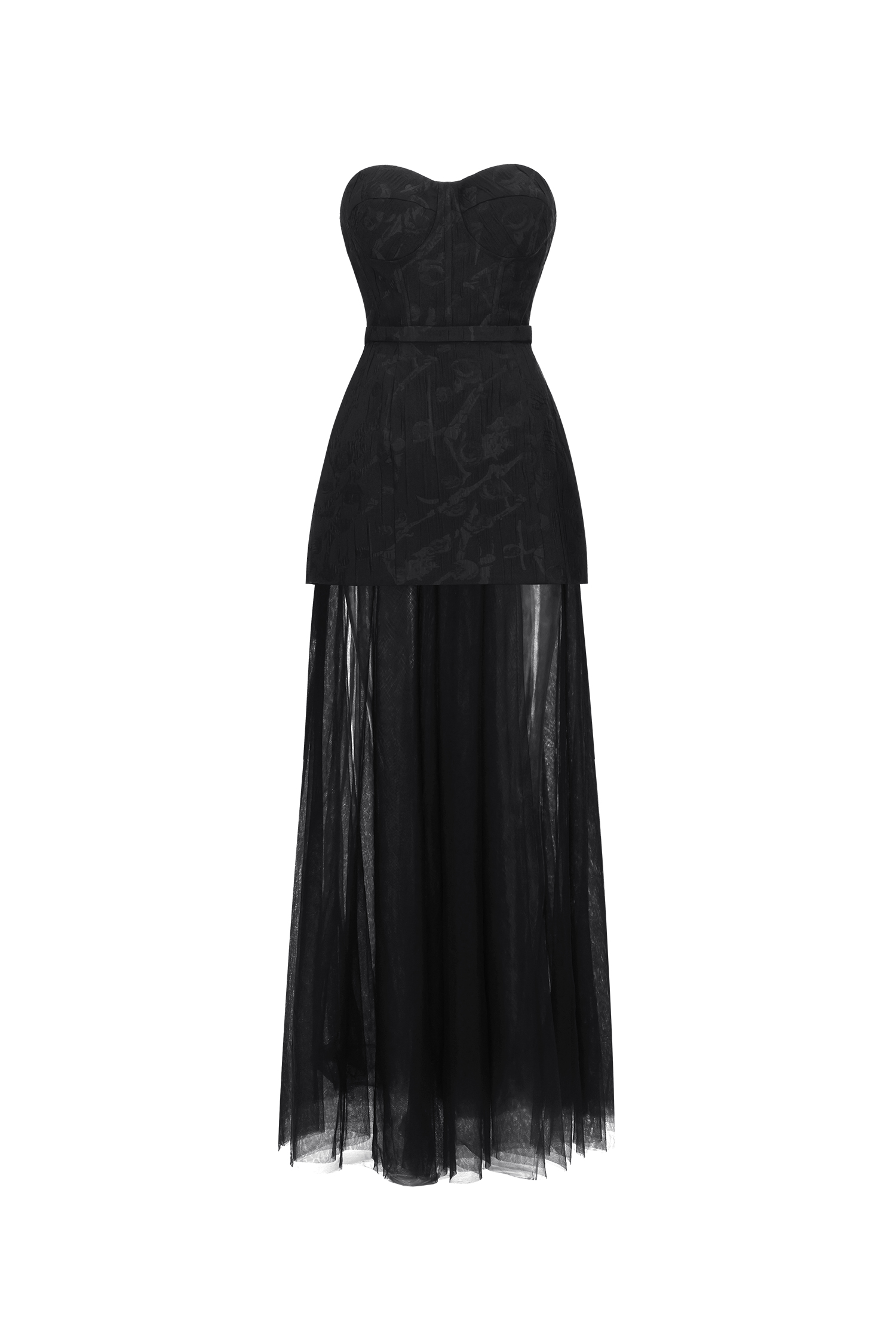Margo Chic Contour Strapless Jacquard Floral Tulle Maxi Dress