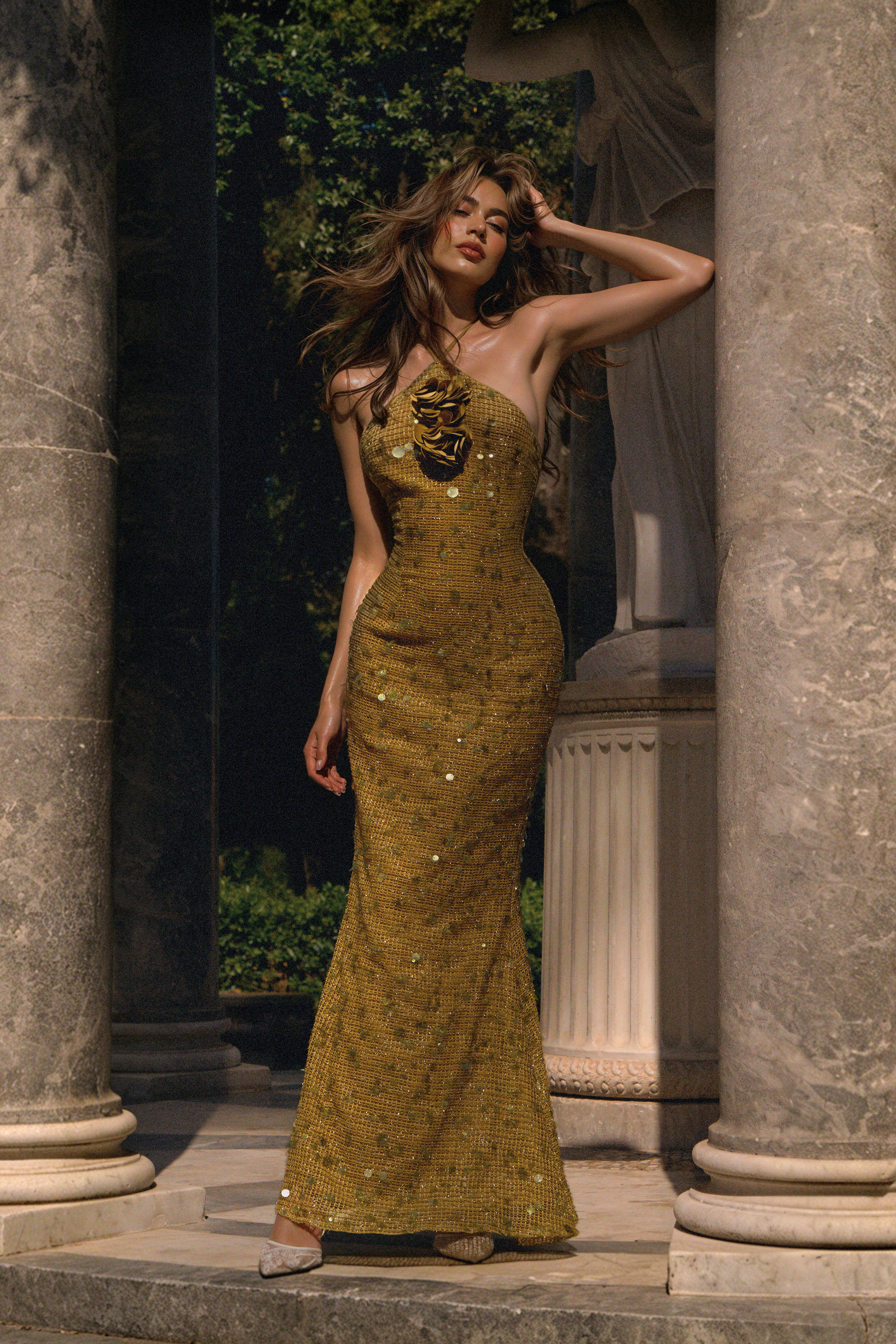Liza Elegant Contour Halter Floral Sequin Maxi Dress