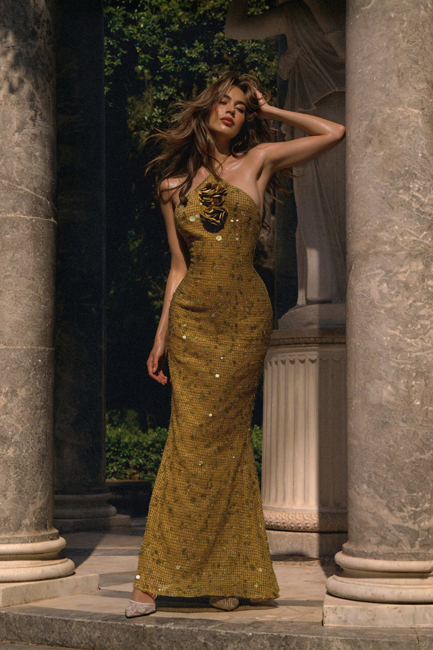 Liza Elegant Contour Halter Floral Sequin Maxi Dress
