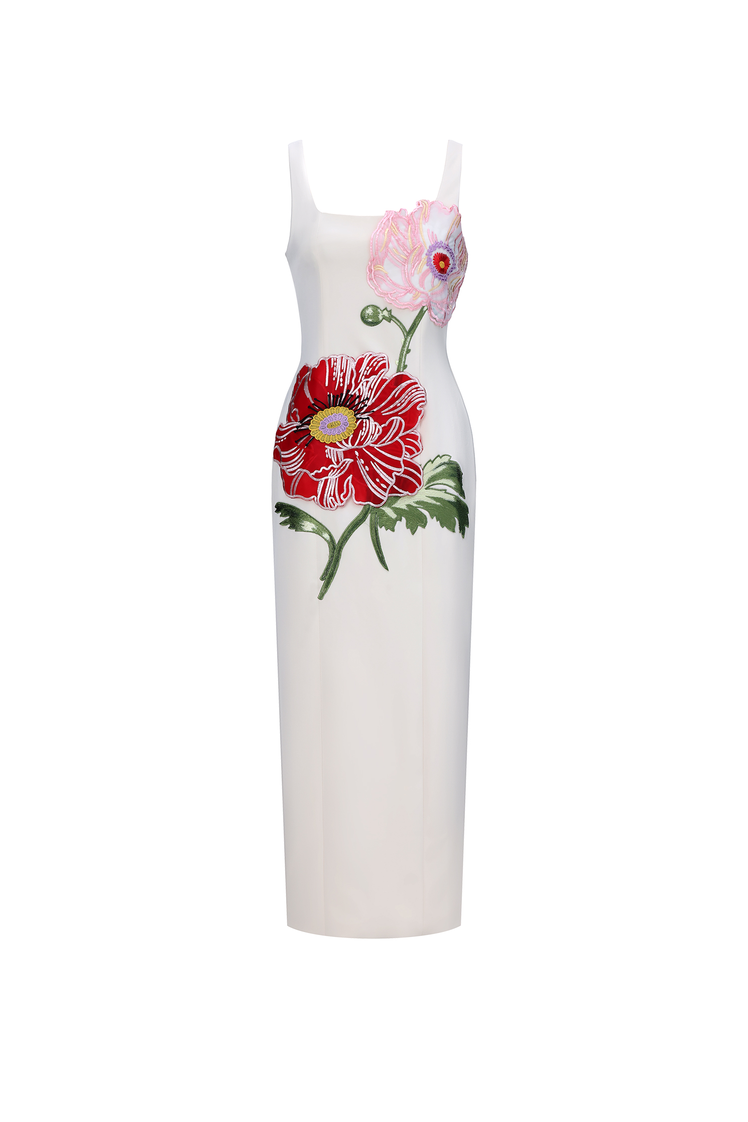 Mallen Romantic Contour Sleeveless Square Neck Floral Appique White Maxi Dress