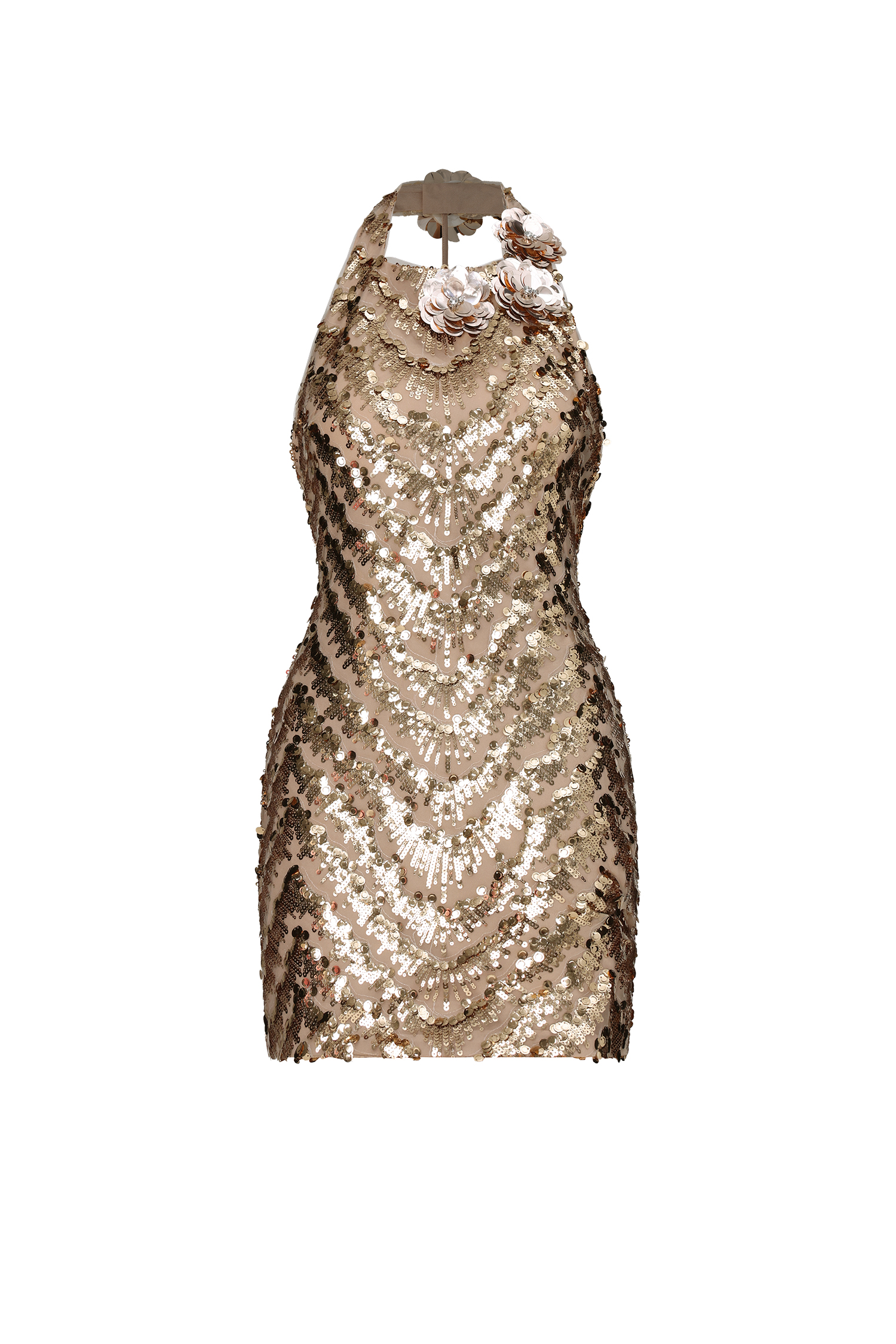 Ferla Glamorous Contour Halter Floral Sequin Mini Dress