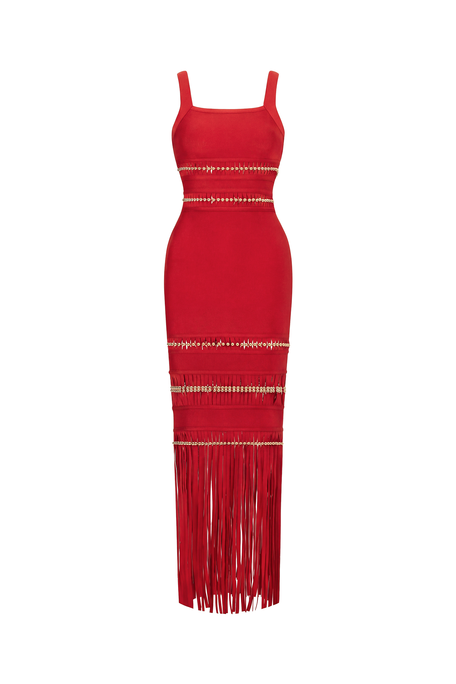Shanley Chic Contour Sleeveless Beaded Fringe Red Bandage Maxi Dress