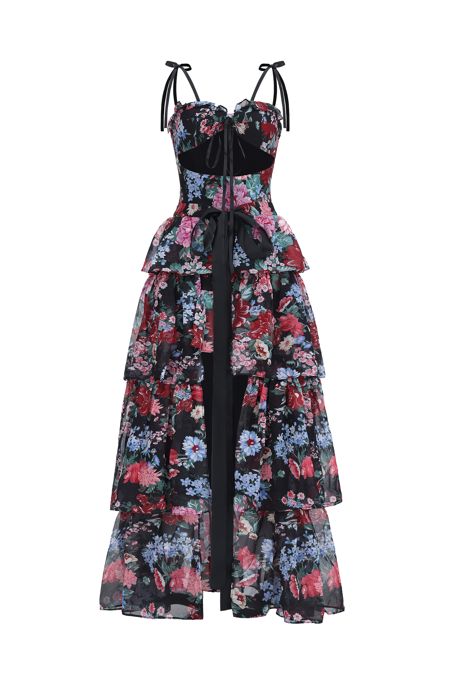 Pale Chic Flowy Halter Cut Out Floral Print Ruffle Maxi Dress