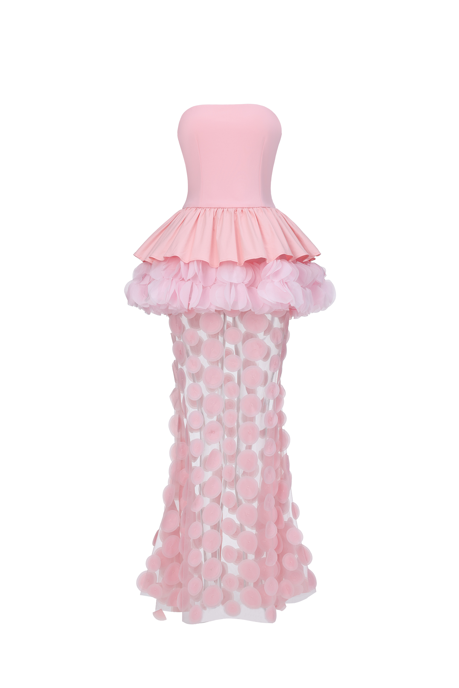 Johanne Elegant Contour Strapless Ruffle Contrast Pink Maxi Dress