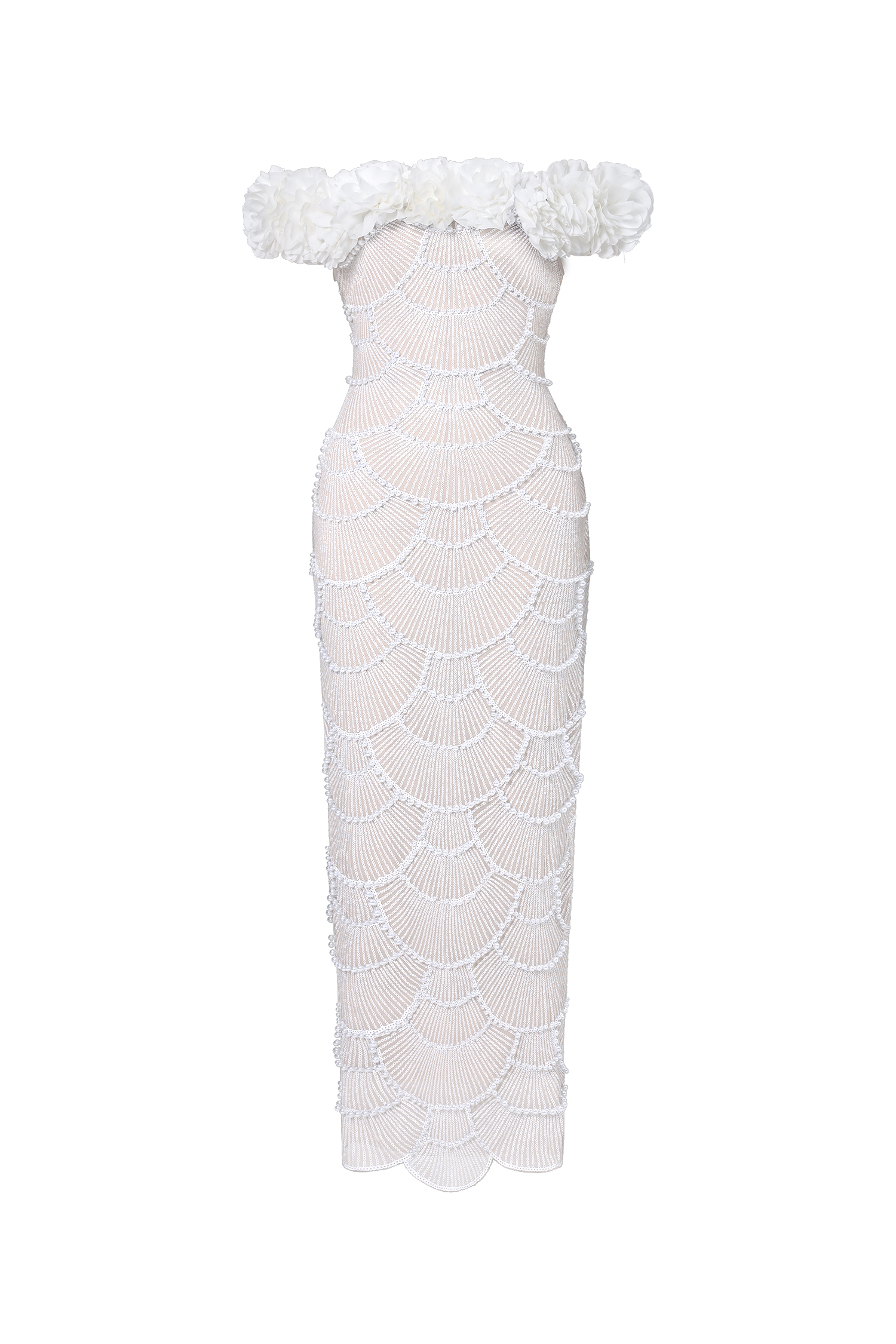 Neela Romantic Contour Off Shoulder Pearl Floral Maxi Dress