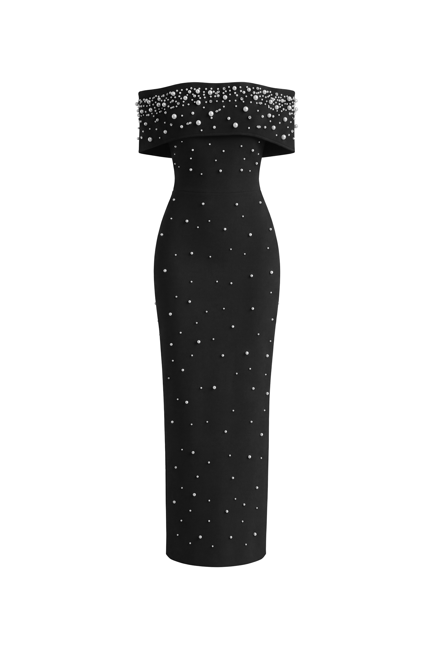 Isme Elegant Contour Off Shoulder Pearl Rhinestone Black Bandage Maxi Dress