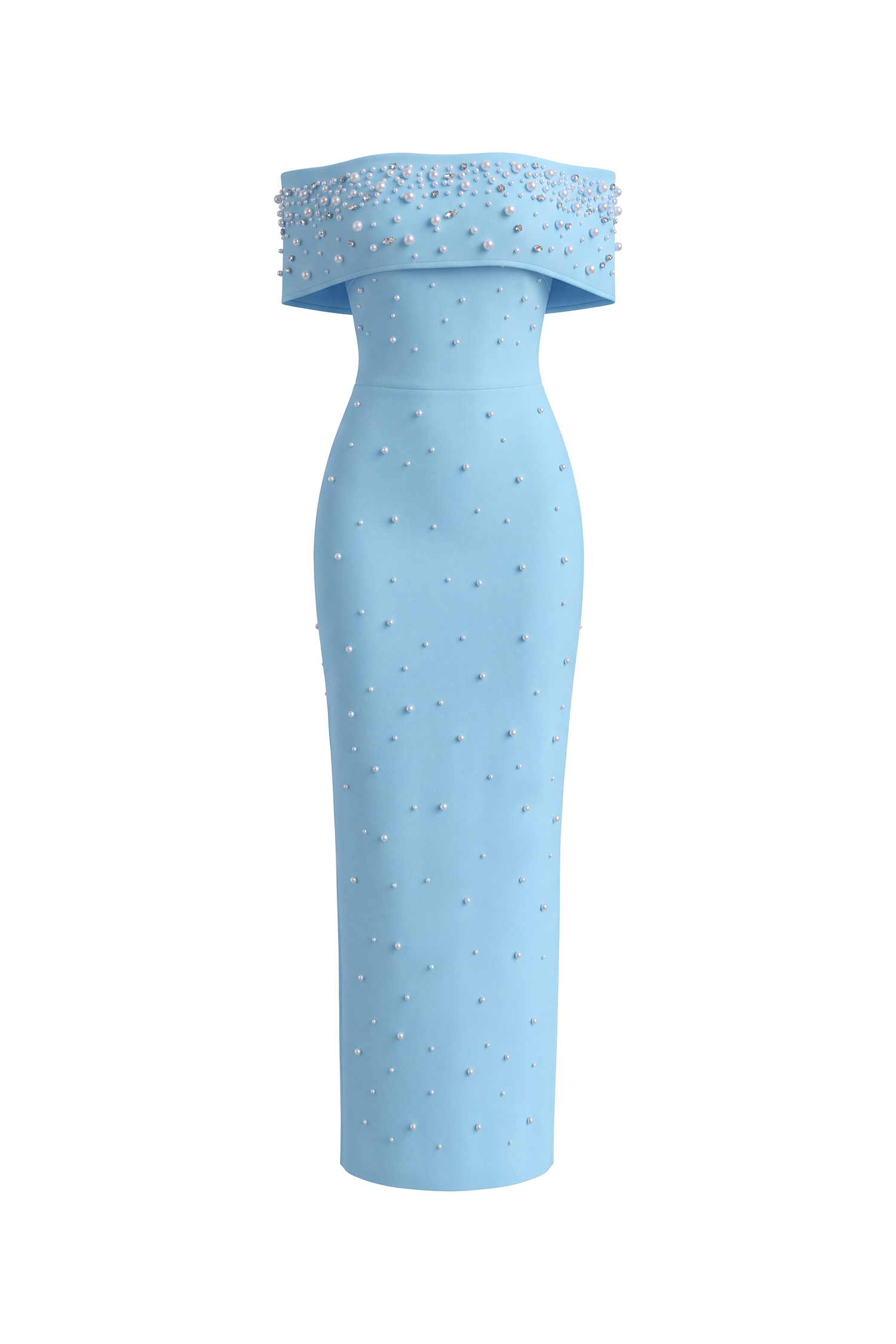 Isme Elegant Contour Off Shoulder Pearl Rhinestone Bandage Blue Maxi Dress