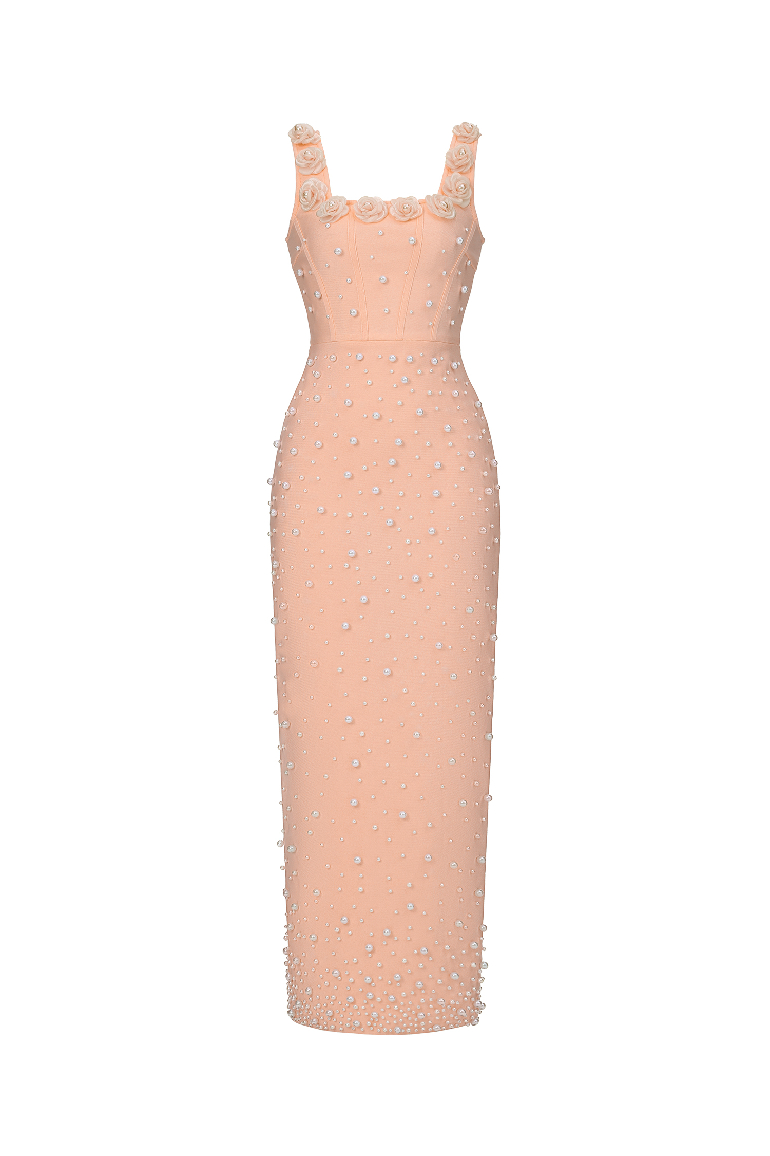 Shea Elegant Contour Square Neck Floral Pearl Bandage Beige Maxi Dress