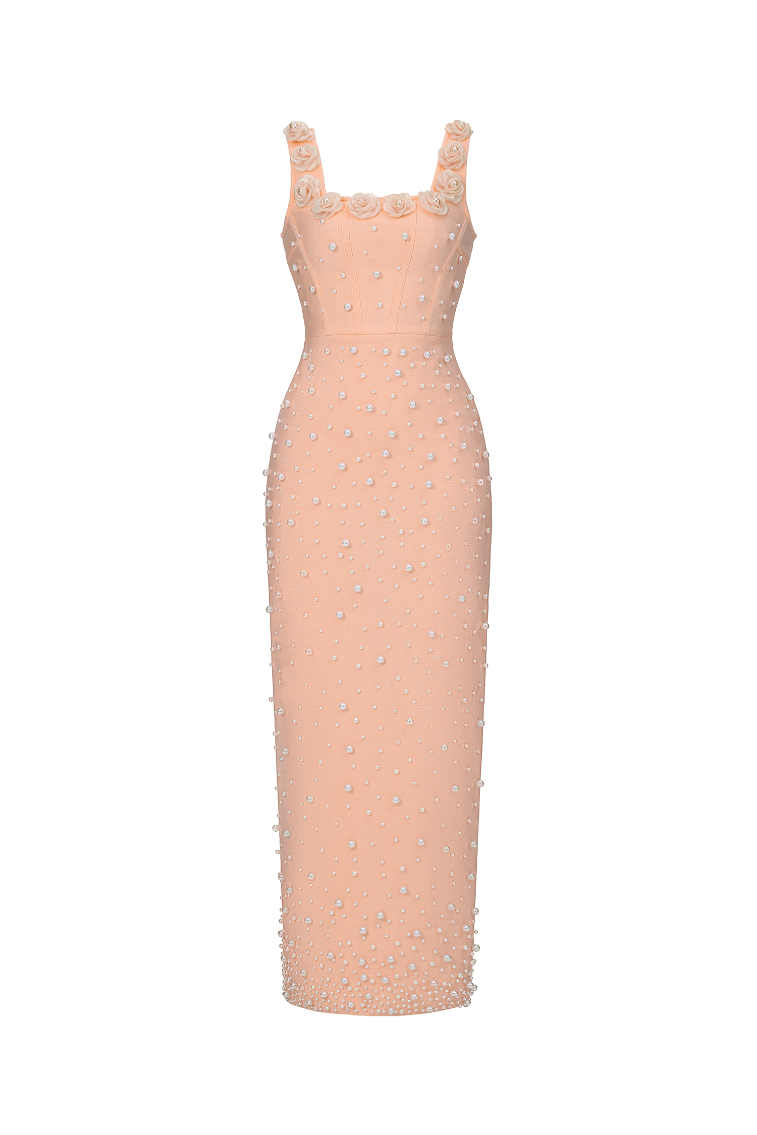 Shea Elegant Contour Square Neck Floral Pearl Bandage Beige Maxi Dress