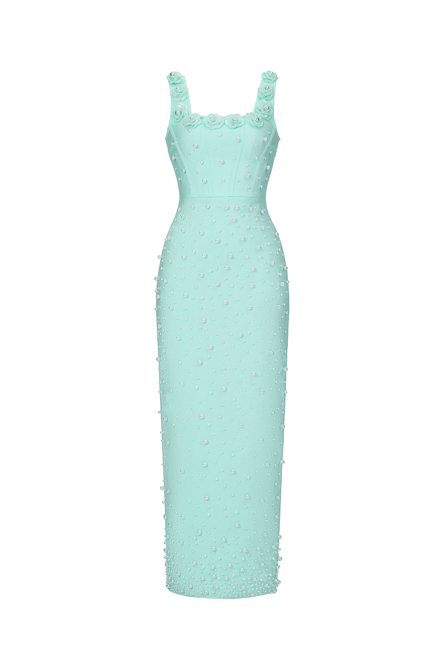 Shea Elegant Contour Square Neck Floral Pearl Bandage Green Maxi Dress