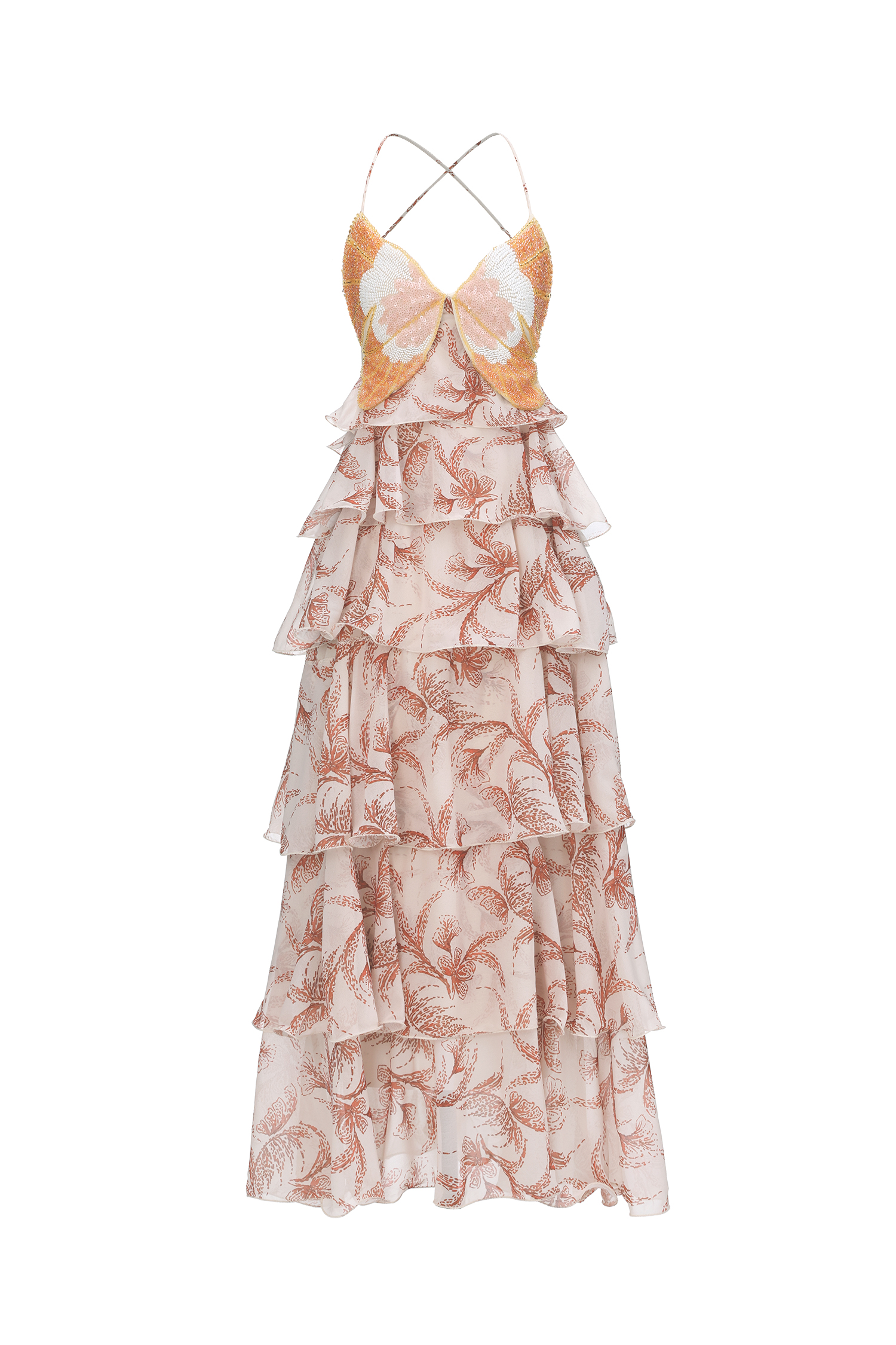 Valerie Romantic Flowy Halter Ruffle Sequin Print Maxi Dress