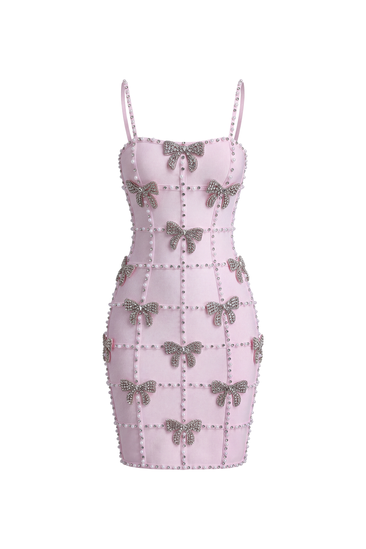 Zem Glamorous Contour Sleeveless Bow Rhinestone Pink Bandage Mini Dress