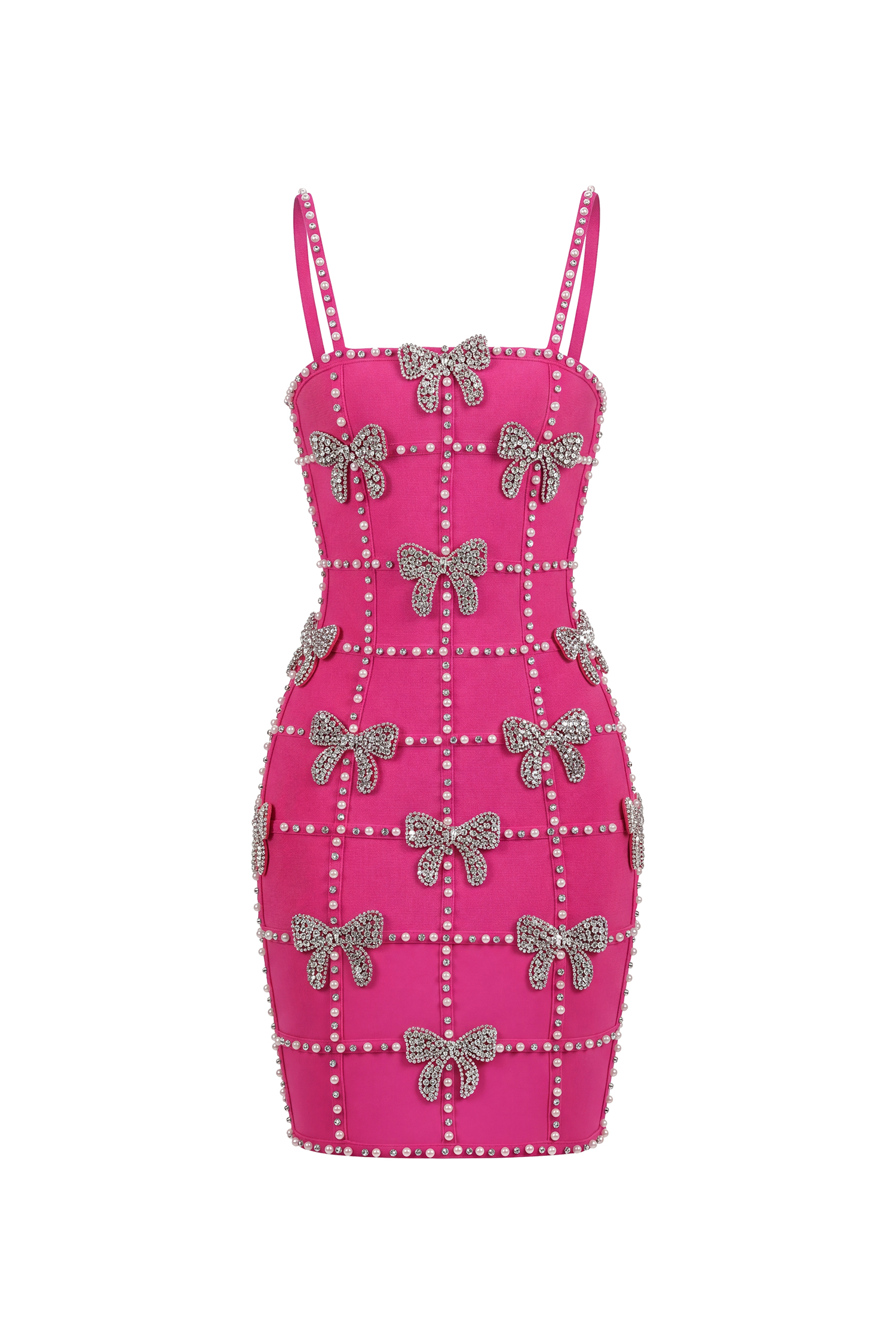 Zem Glamorous Contour Sleeveless Bow Rhinestone RosePink Bandage Mini Dress