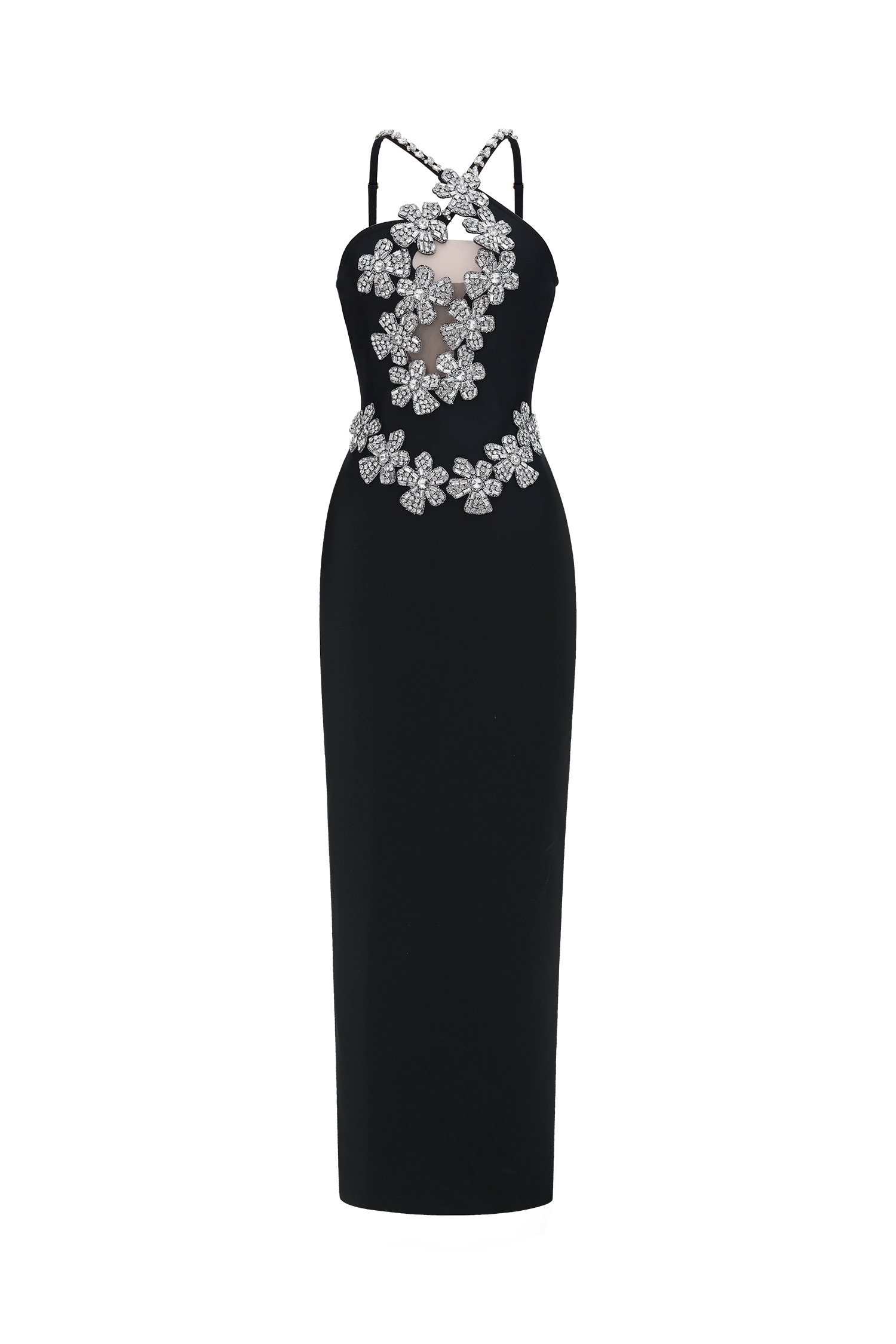 Veronic Glamorous Contour Halter Cut Out Rhinestone Floral Black Bandage Maxi Dress