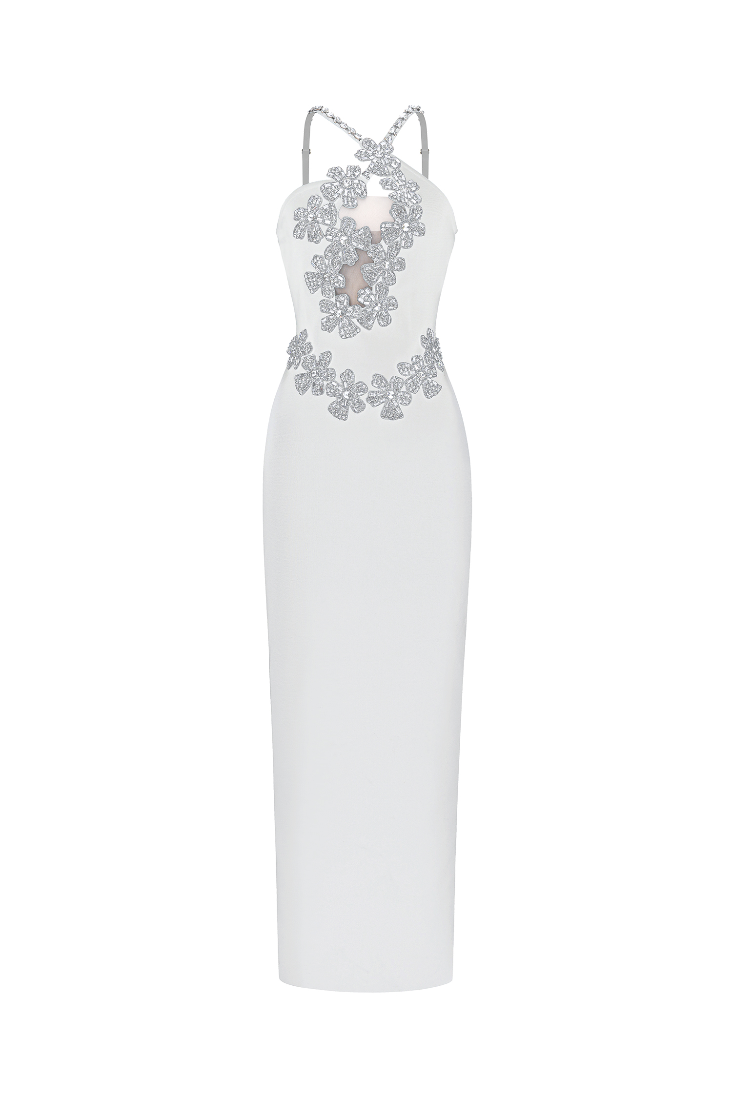 Veronic Glamorous Contour Halter Cut Out Rhinestone Floral Bandage Maxi Dress