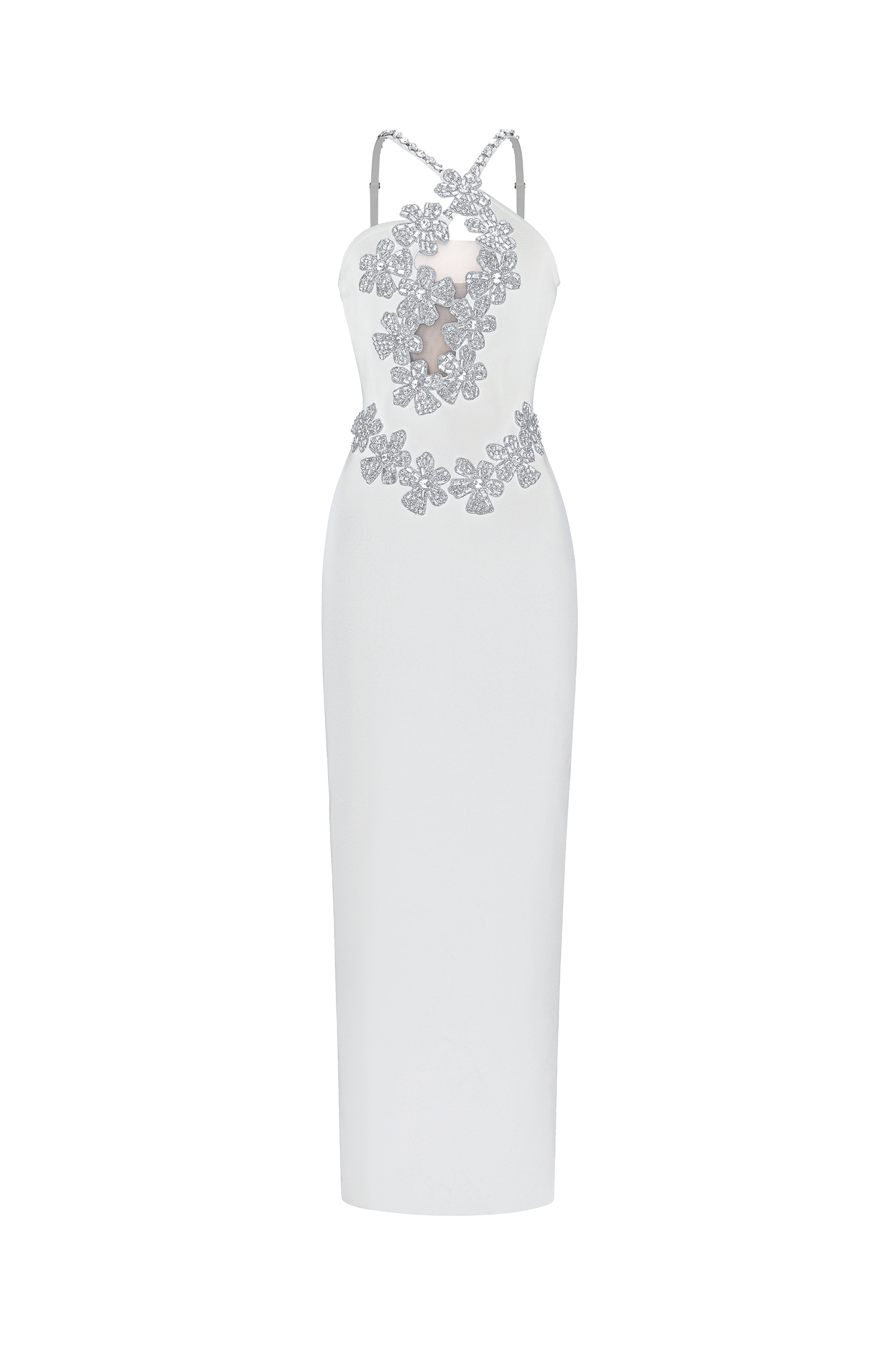 Veronic Glamorous Contour Halter Cut Out Rhinestone Floral Bandage Maxi Dress