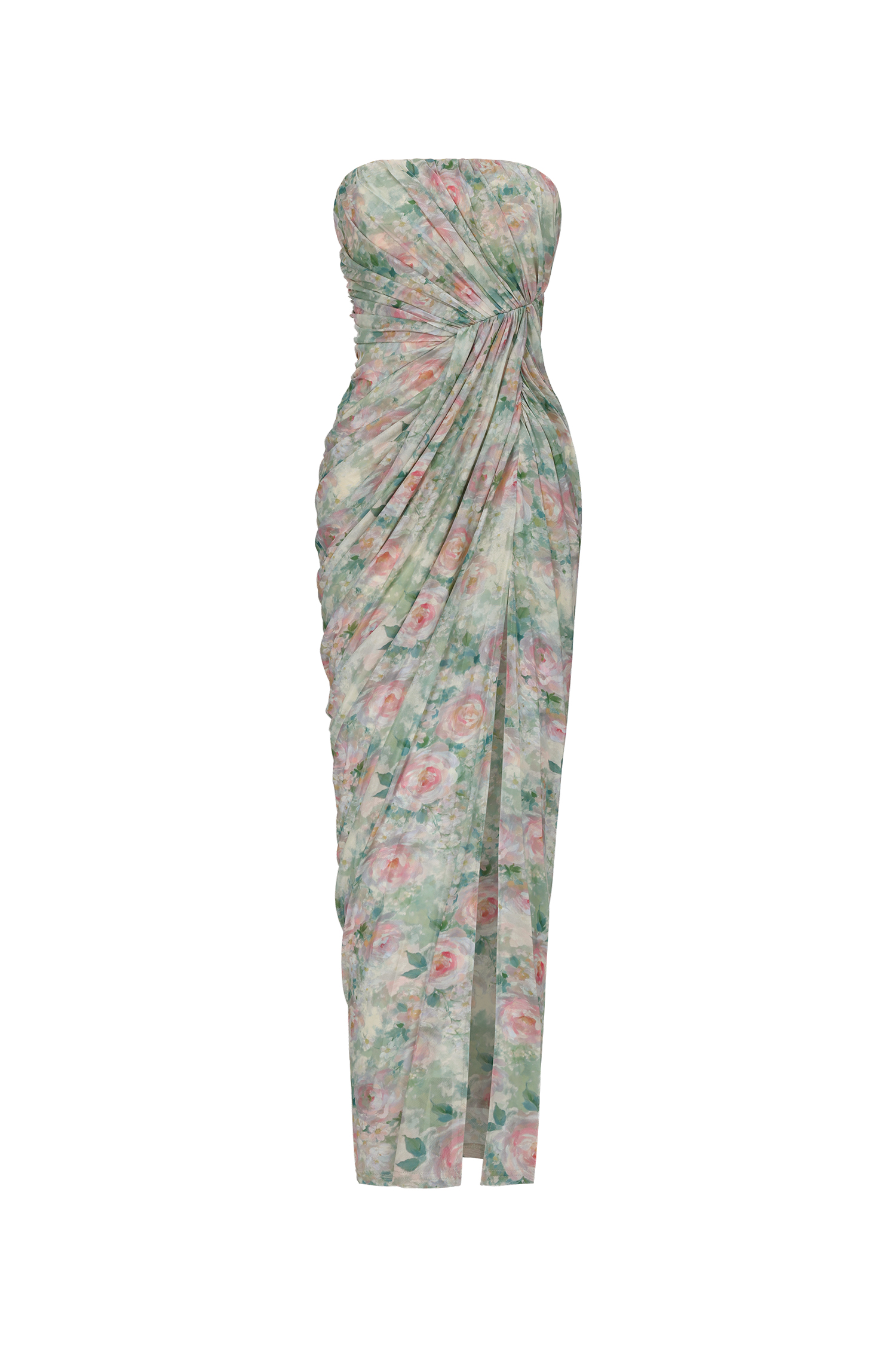 Vinly Romantic Contour Strapless High Slit Ruched Floral Print Mesh Maxi Dress