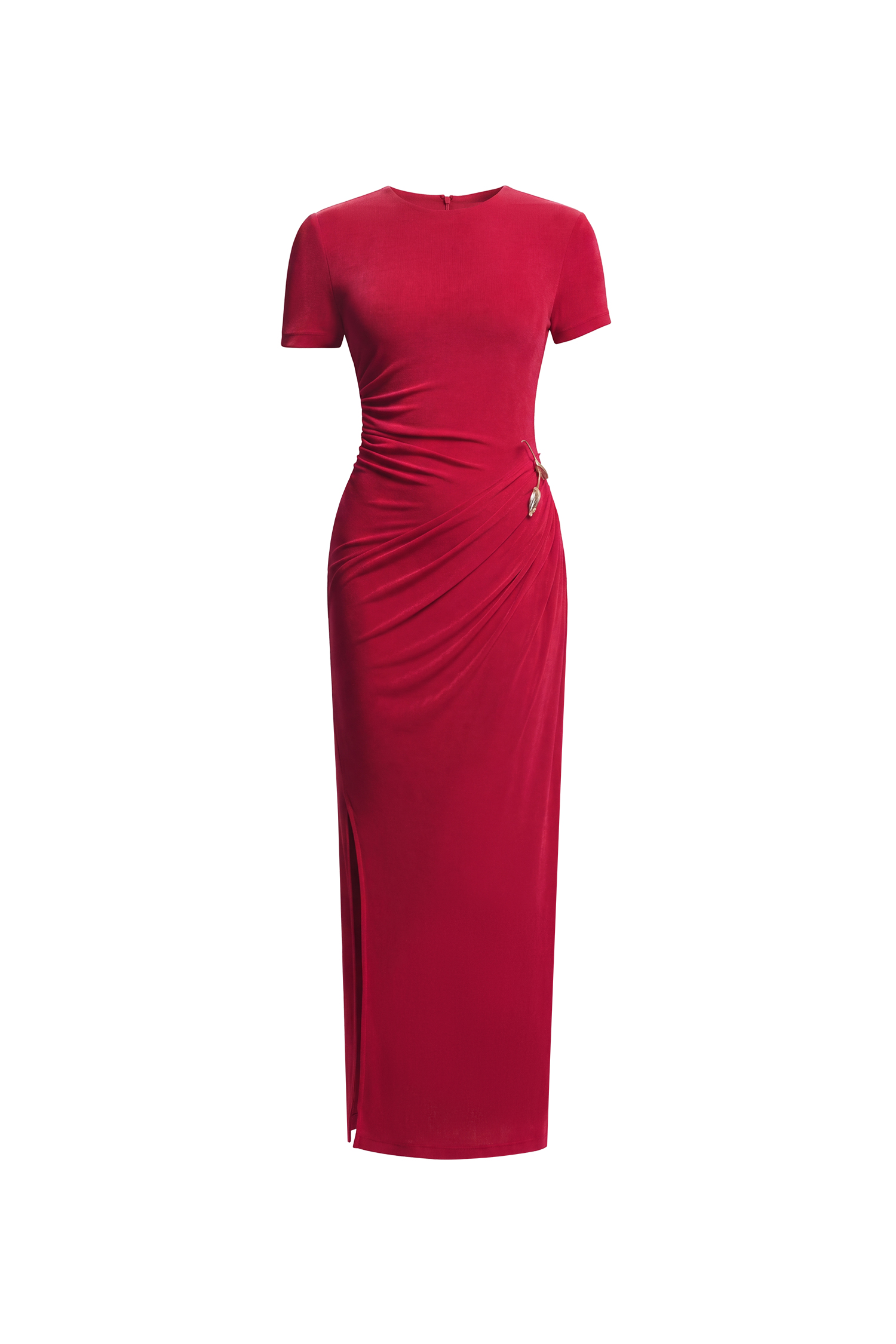 Rojo Chic Contour Short Sleeve Ruched Metal Floral Decor Knit Maxi Dress