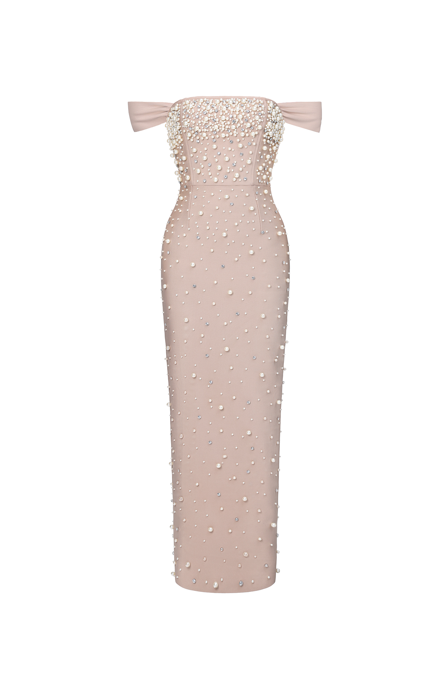 Jaylee Glamorous Off Shoulder Pearl Rhinestone Bandage Maxi Dress