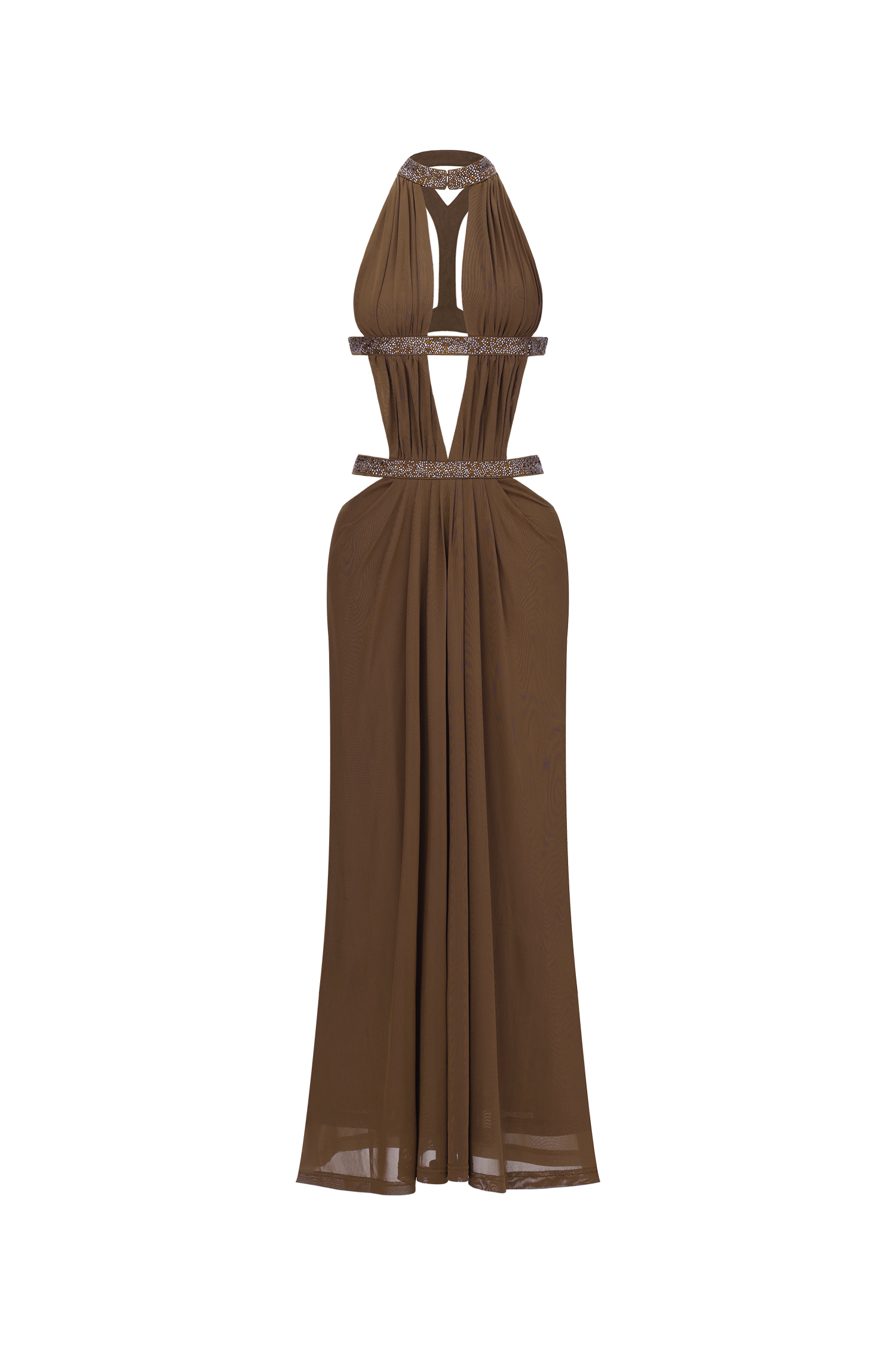 Elaia Sexy Flowy Halter Ruched Cut Out Brown Maxi Dress