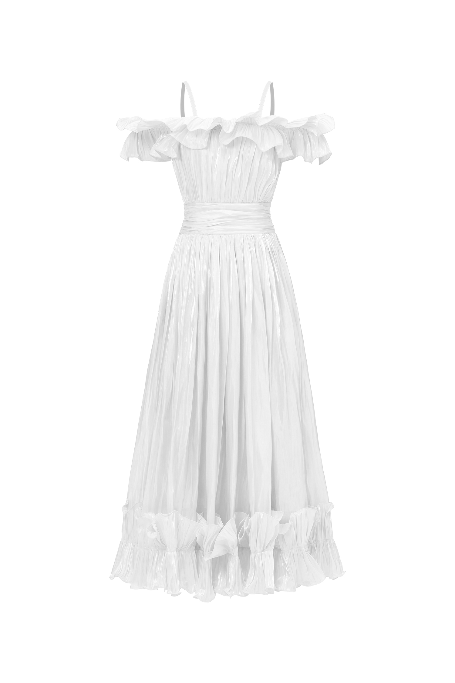 Suku Elegant Flowy Off Shoulder Ruched White Maxi Dress