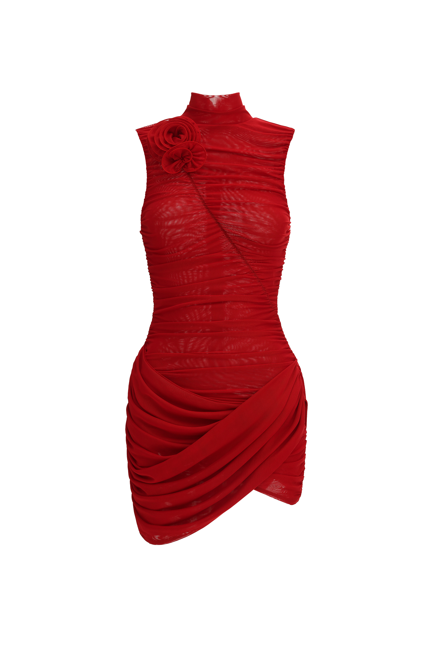 Zurri Romantic Contour Sleeveless Ruched Floral Mesh Mini Dress