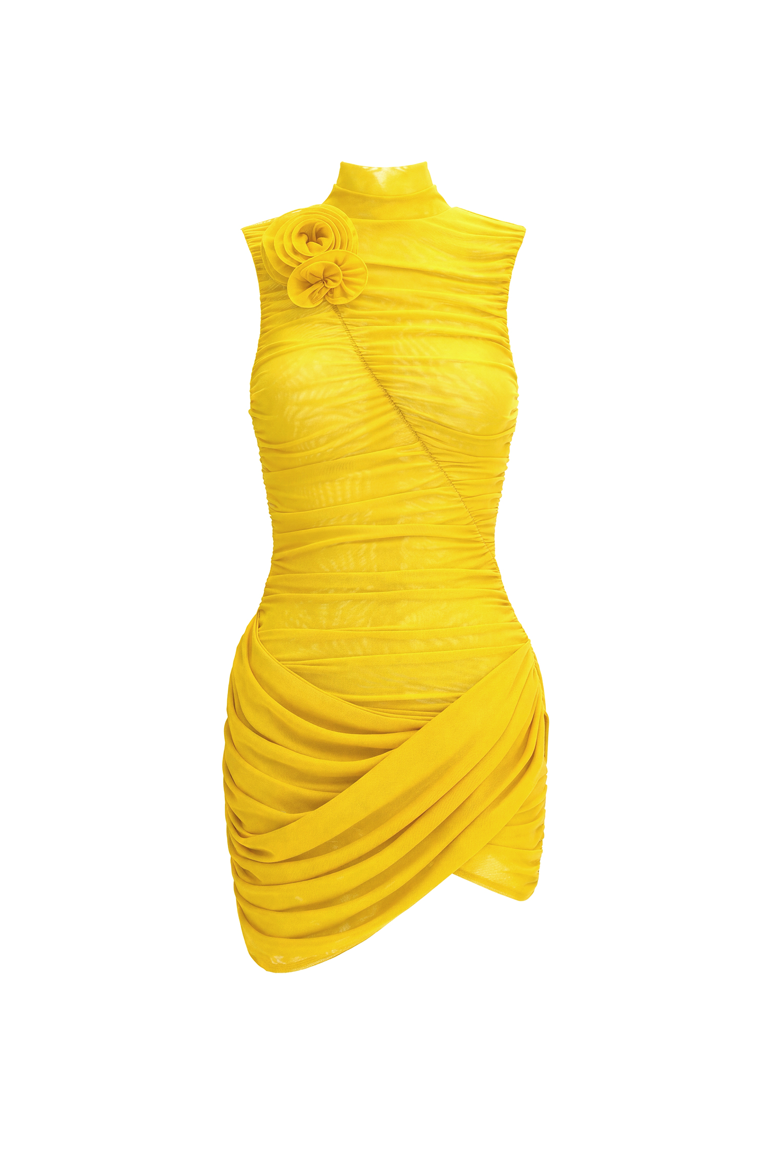 Zurri Romantic Contour Sleeveless Ruched Floral Mesh Yellow Mini Dress