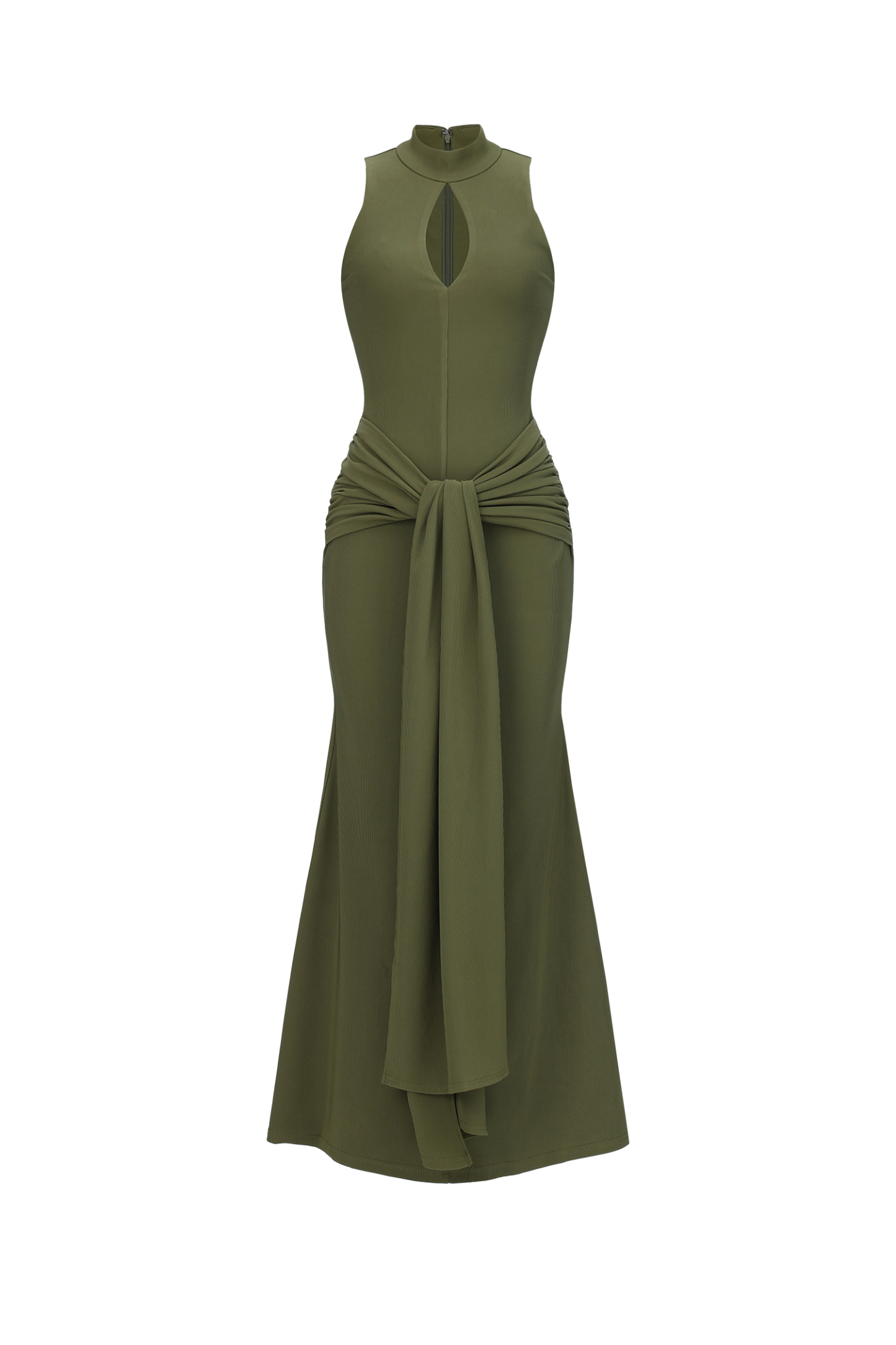 Sukia Chic Form-Fitting High Neck Cutout Draped Tie Sleeveless Mermaid Maxi Dress