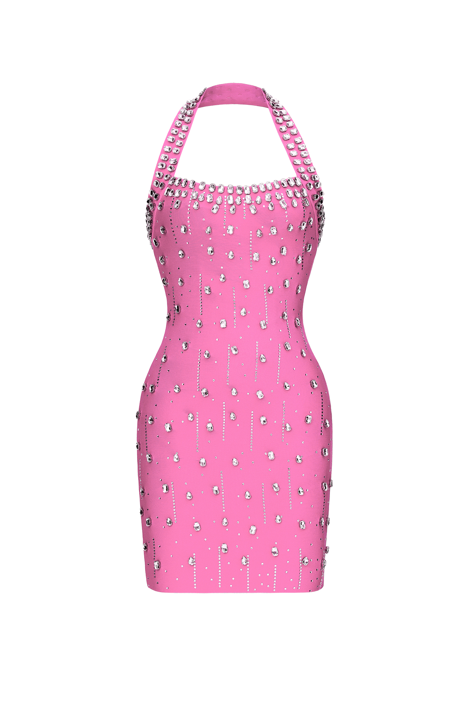 Manik Glamorous Contour Halter Rhinestone Bandage Pink Mini Dress