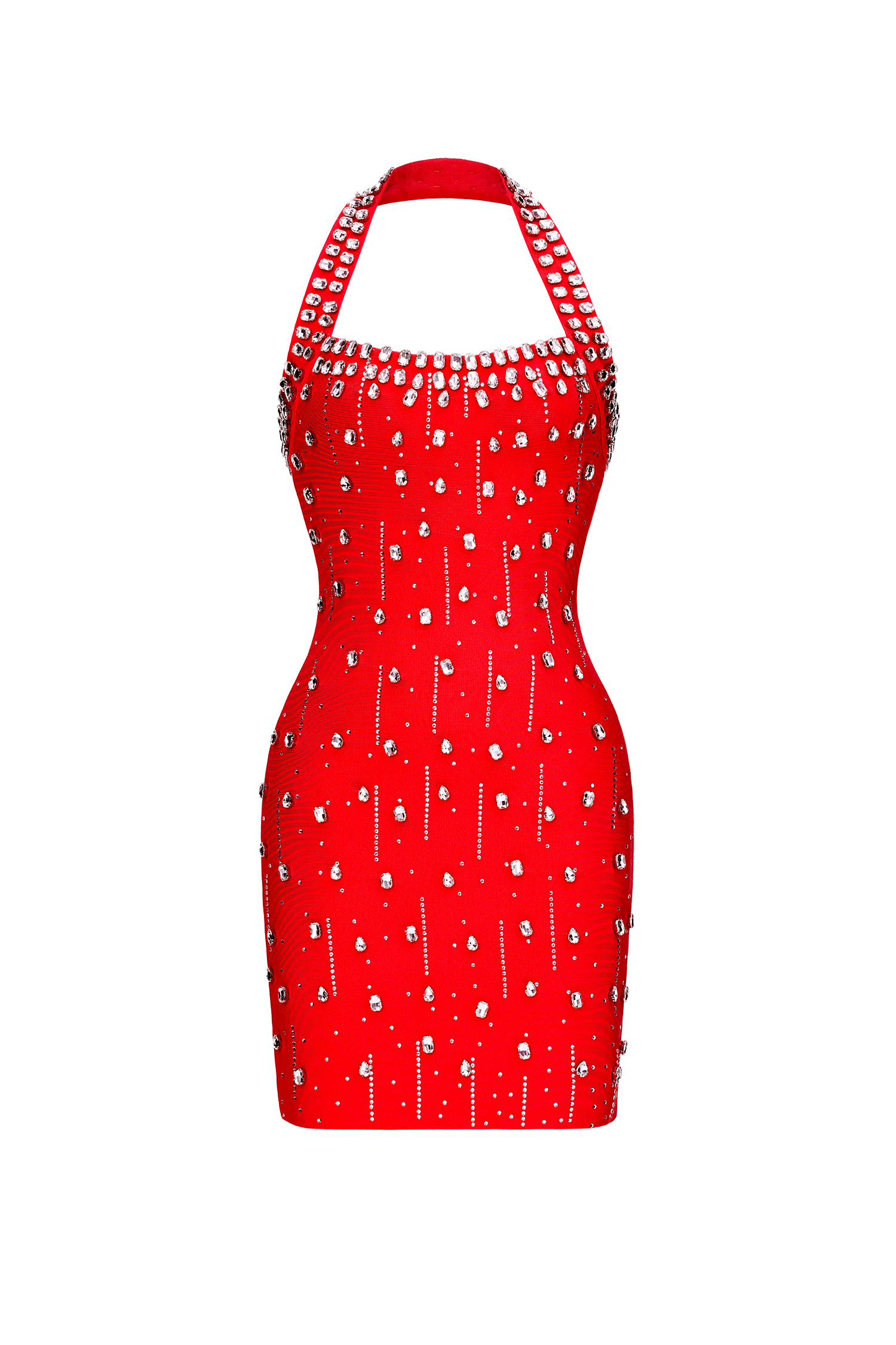 Manik Glamorous Contour Halter Rhinestone Red Bandage Mini Dress