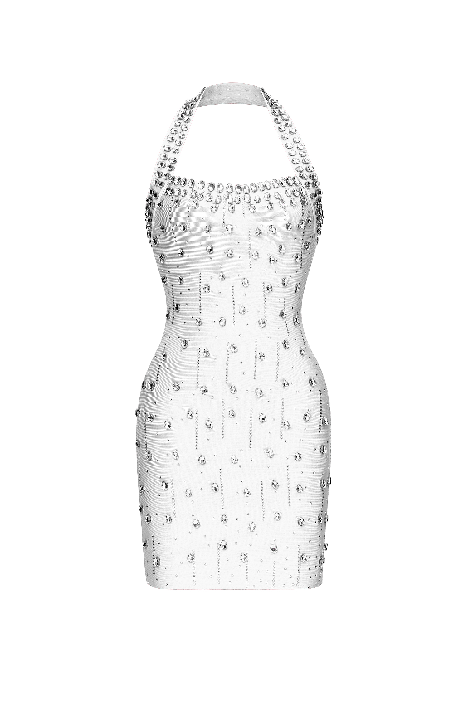 Manik Glamorous Contour Halter Rhinestone Bandage White Mini Dress